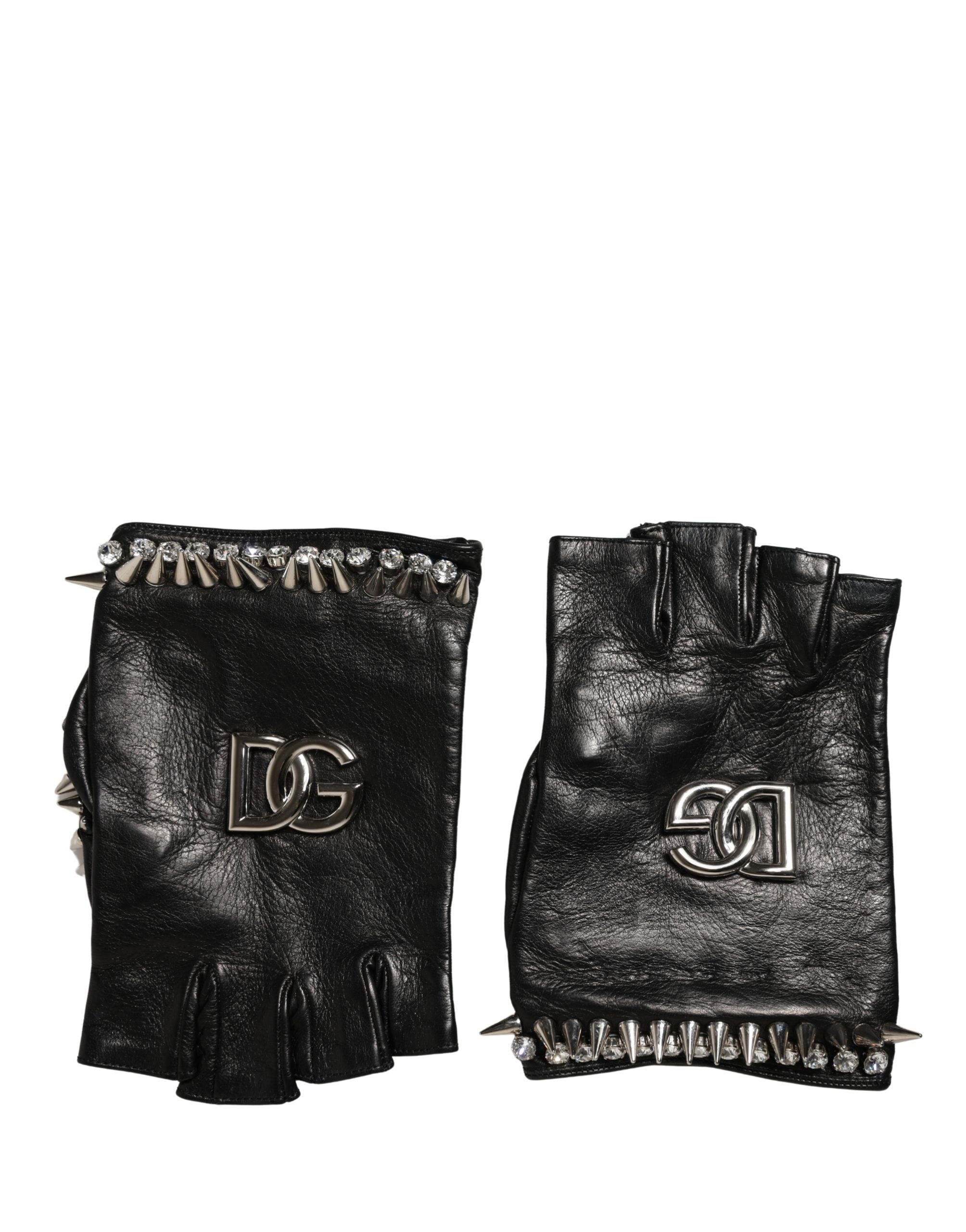 Women Black Embellished Wrist Length Mitten Gloves - ventzia