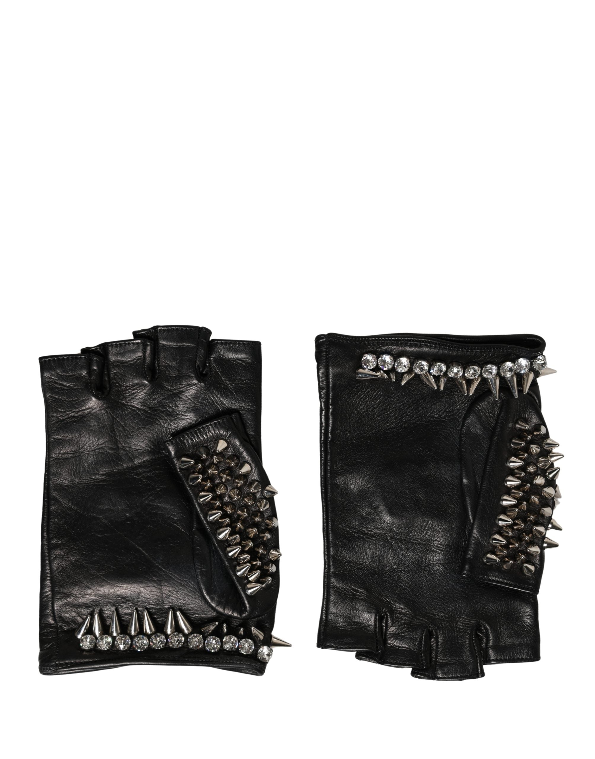 Women Black Embellished Wrist Length Mitten Gloves - ventzia