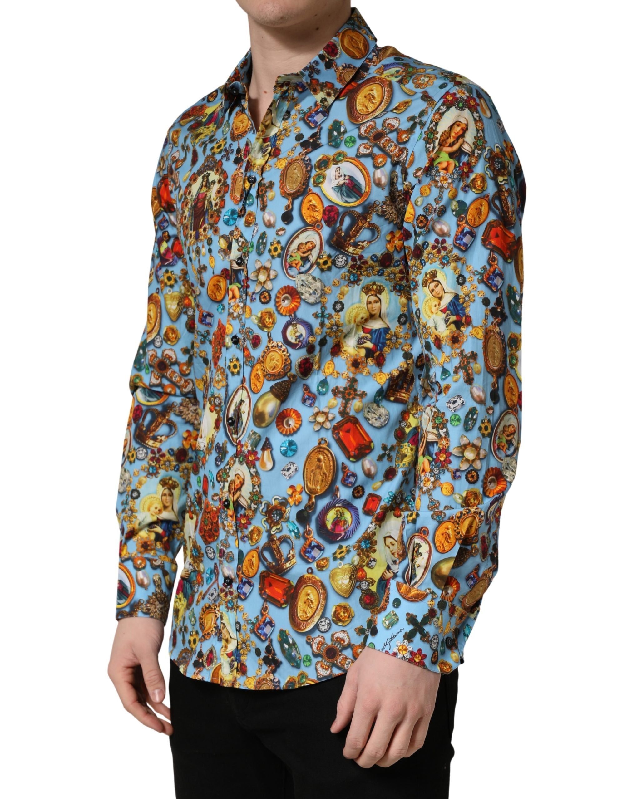Blue Cotton Jewel Print Button Down GOLD Shirt - ventzia
