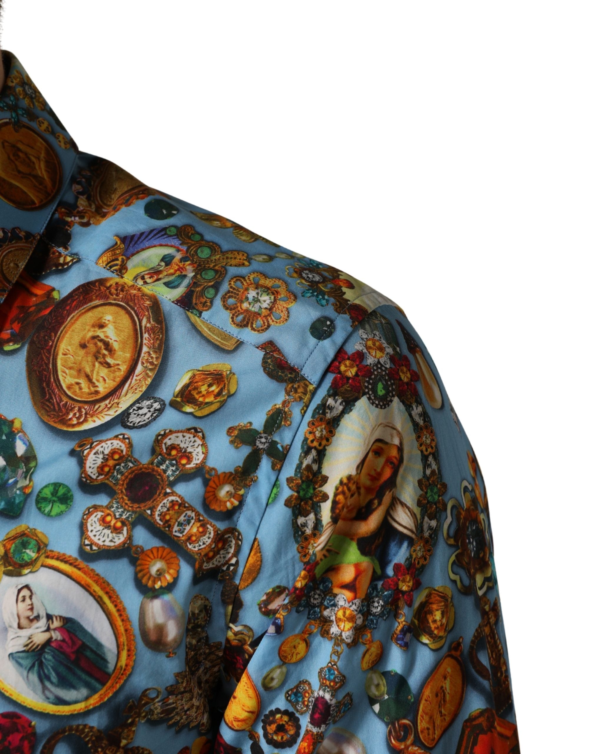 Blue Cotton Jewel Print Button Down GOLD Shirt - ventzia