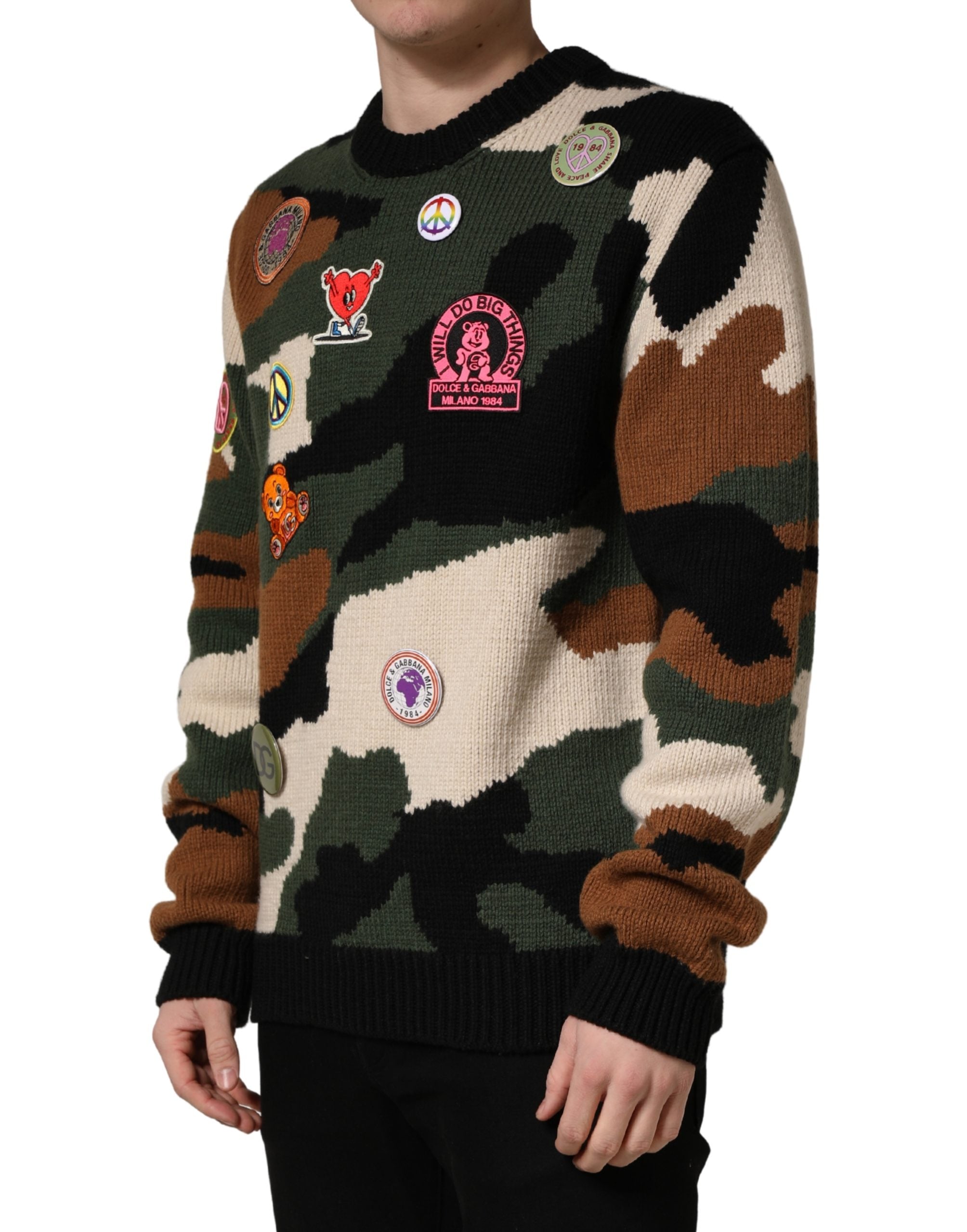 Multicolor Intarsia-Knit Camouflage Pullover Sweater - ventzia