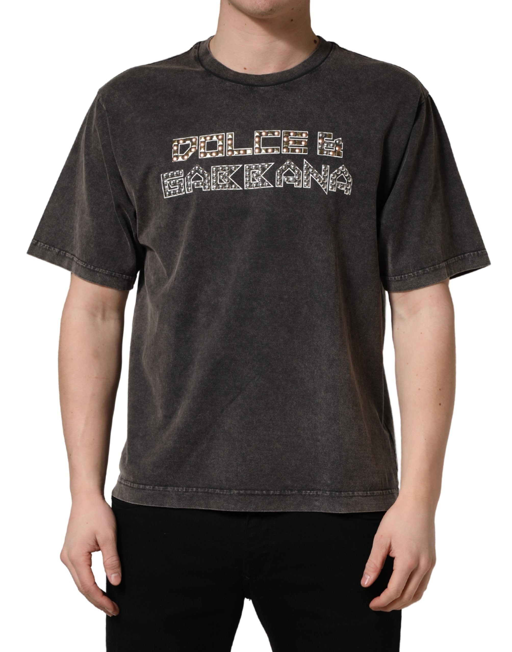 Gray Logo Embellished Men Crew Neck T-shirt - ventzia
