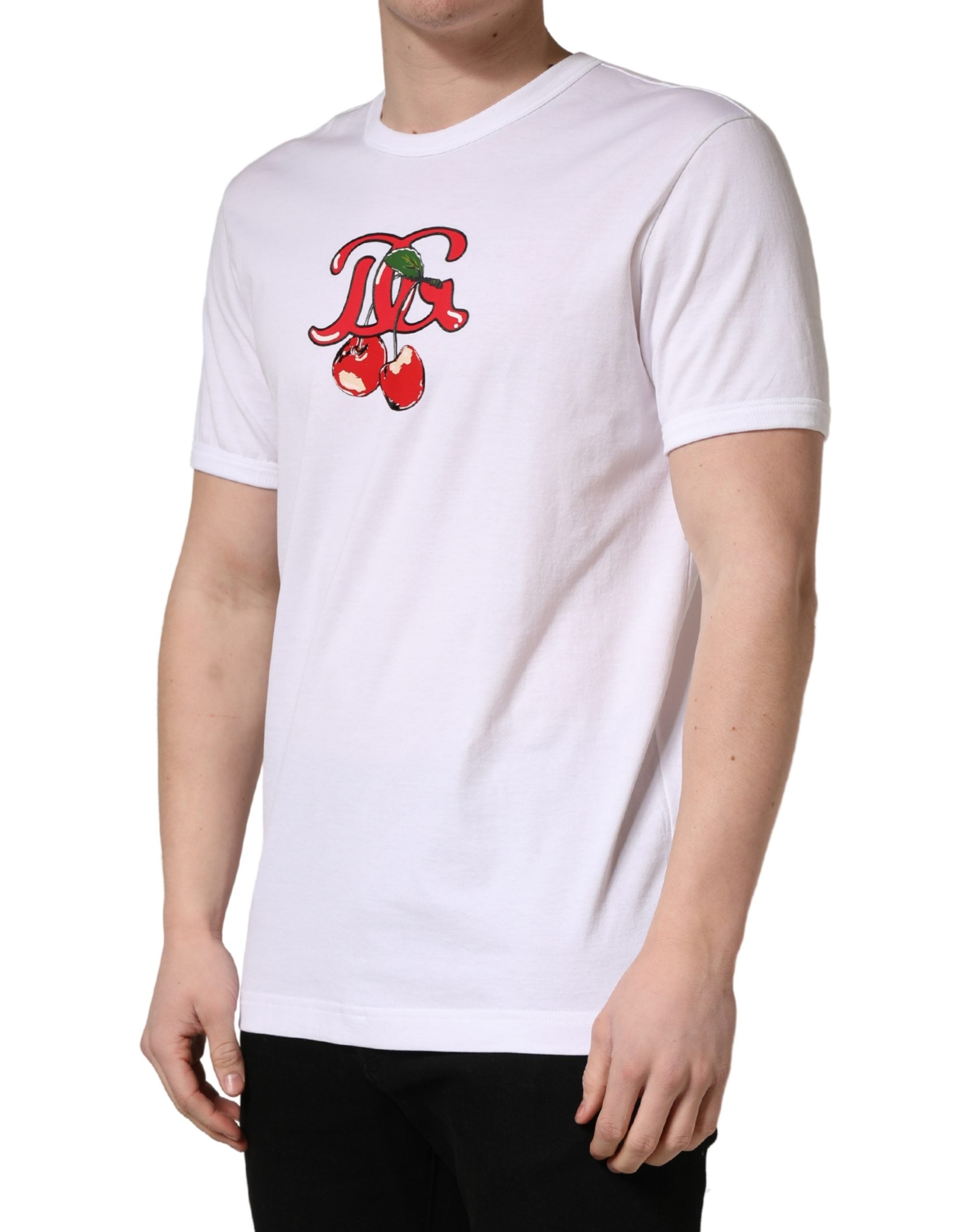 White DG Cherries Cotton Crew Neck T-shirt - ventzia