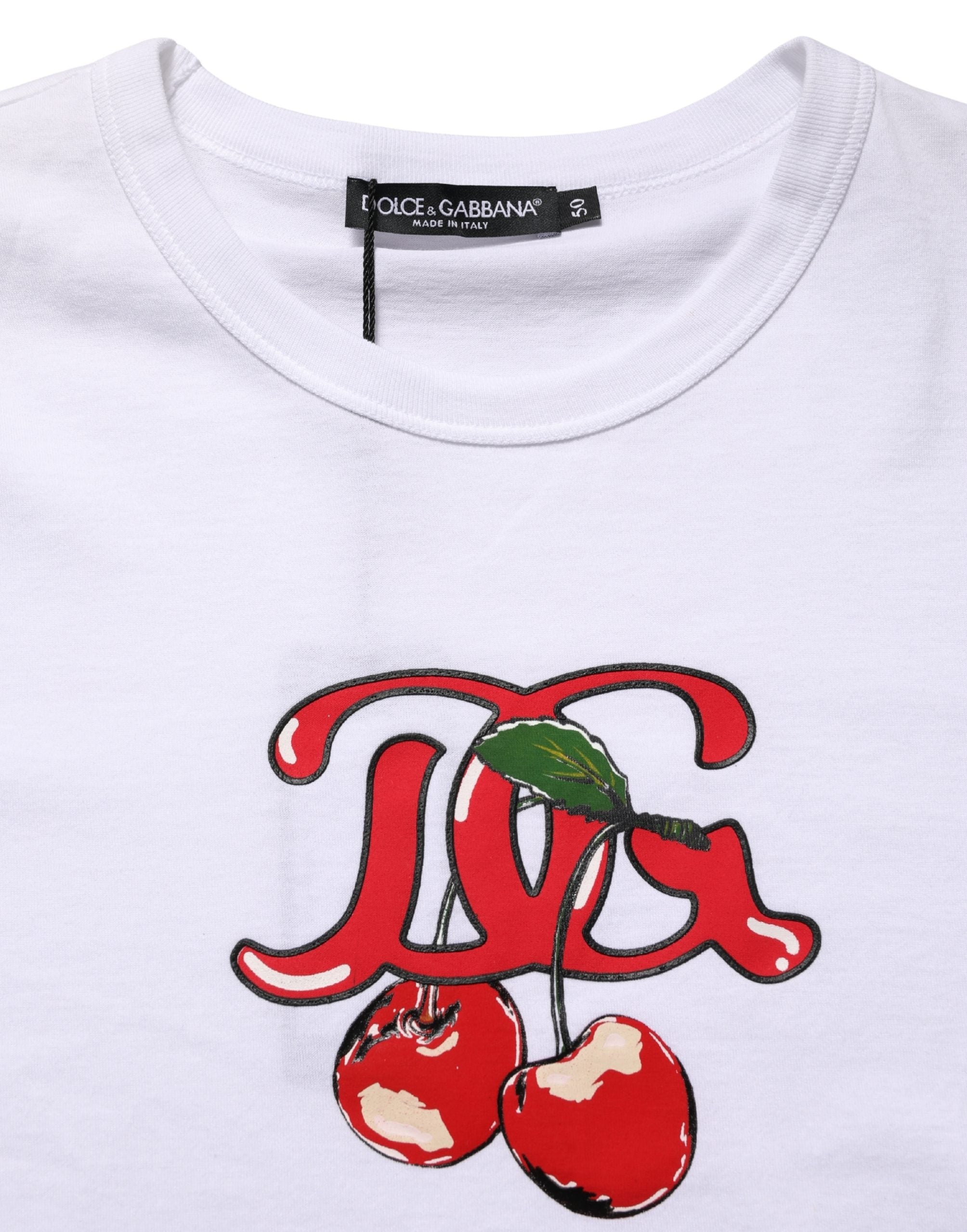 White DG Cherries Cotton Crew Neck T-shirt - ventzia