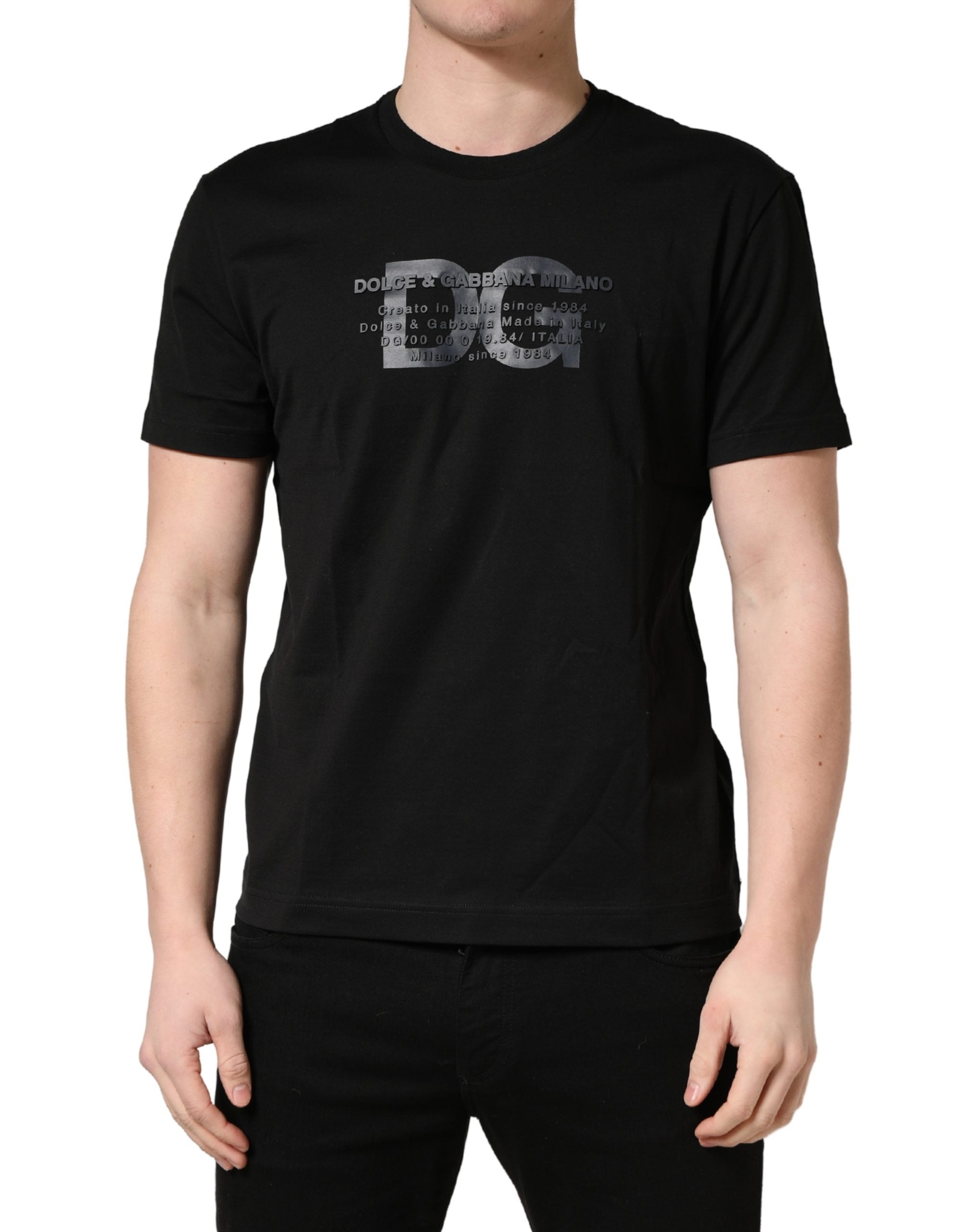 Black Logo DG Print Cotton Crew Neck T-shirt - ventzia