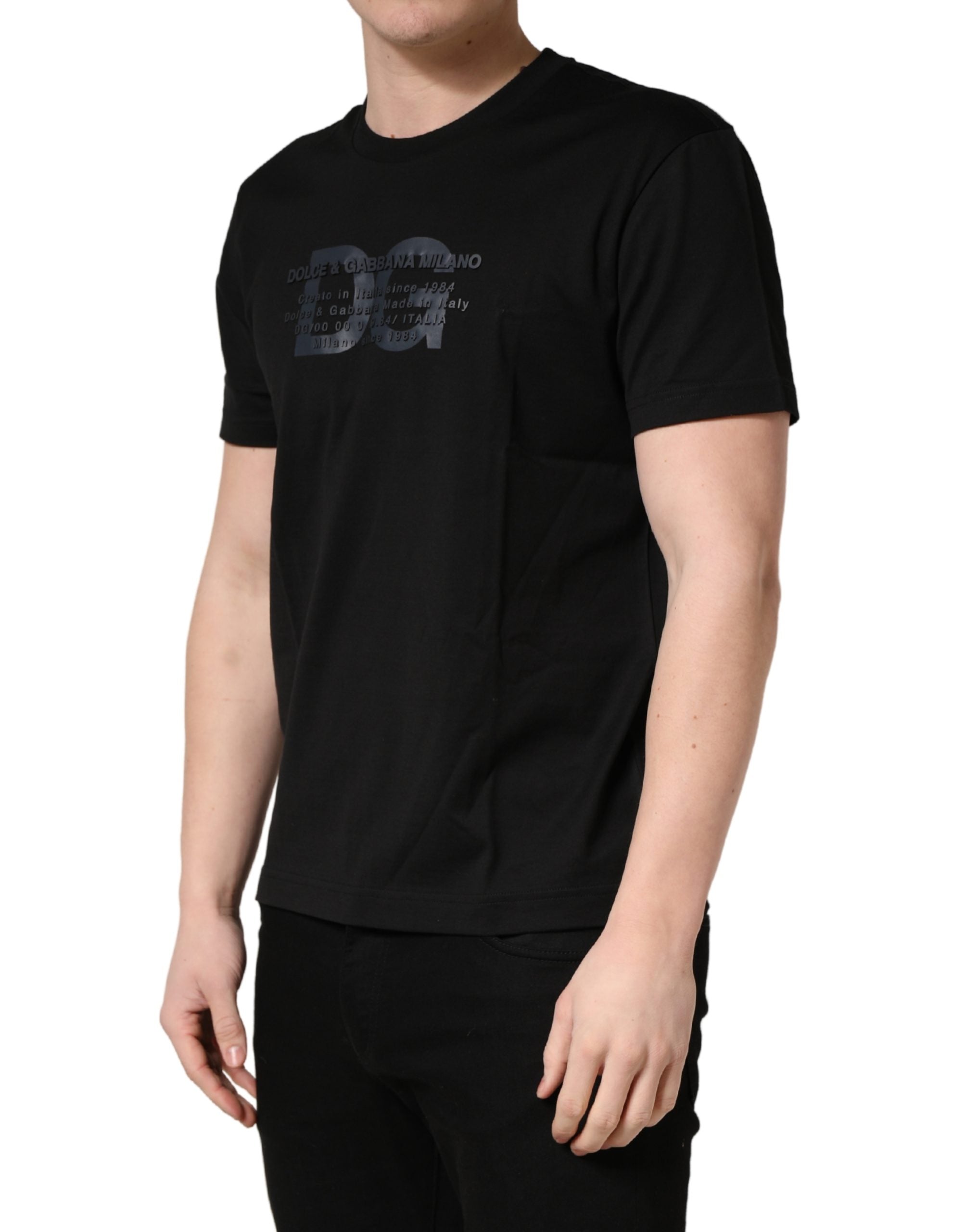 Black Logo DG Print Cotton Crew Neck T-shirt - ventzia