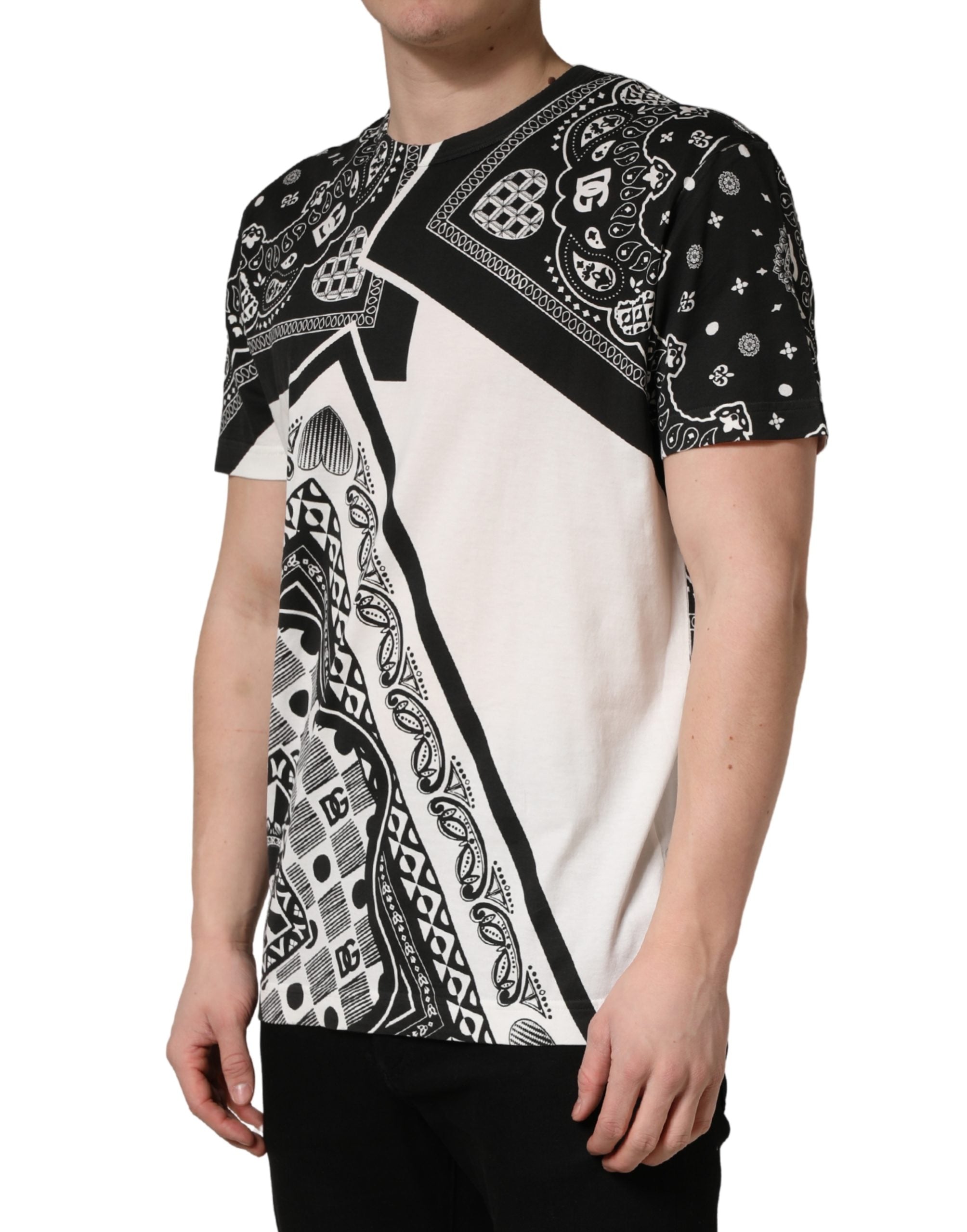 Black White Bandana Cotton Crew Neck T-shirt - ventzia