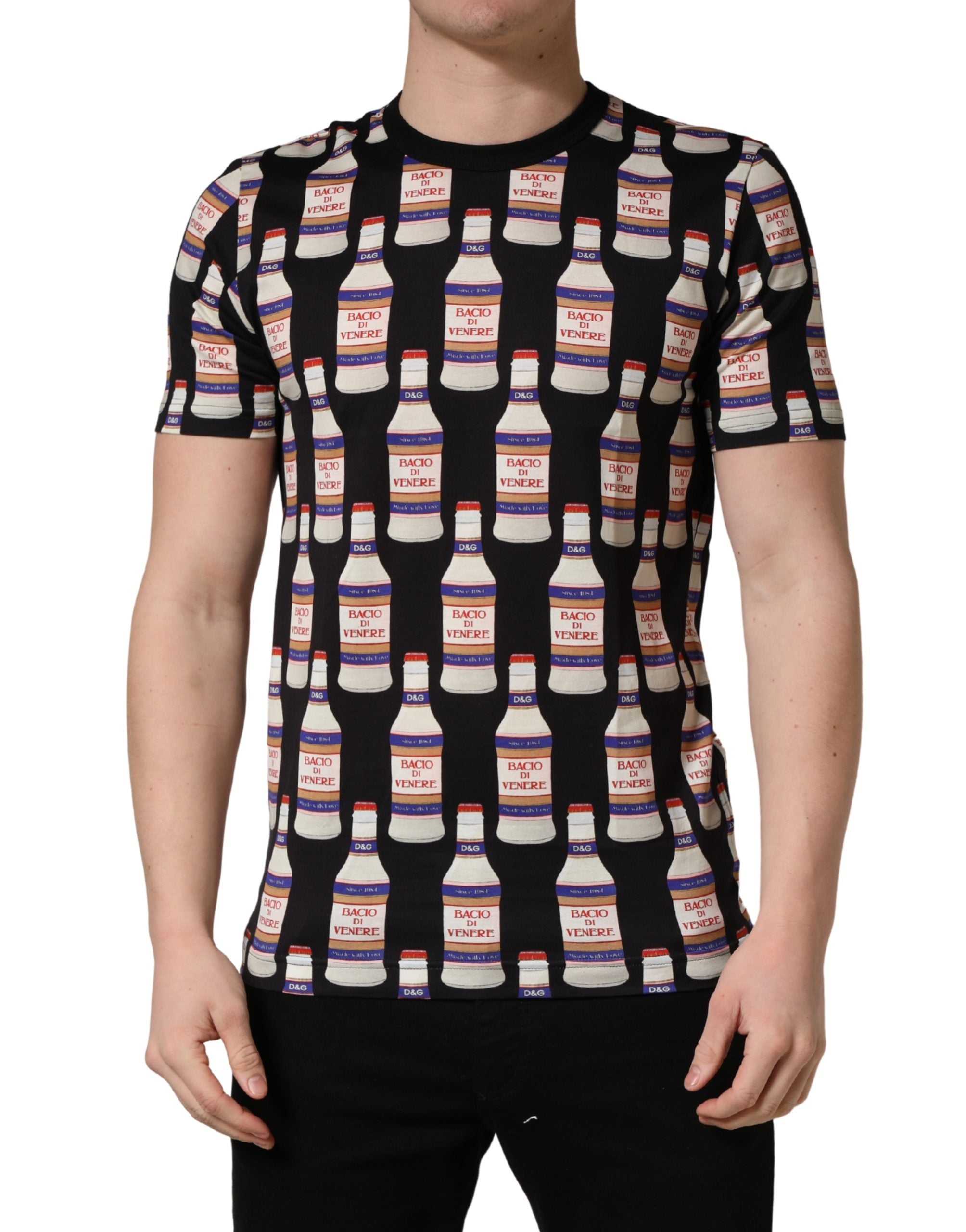 Black Bottle Print Cotton Crew Neck T-shirt - ventzia