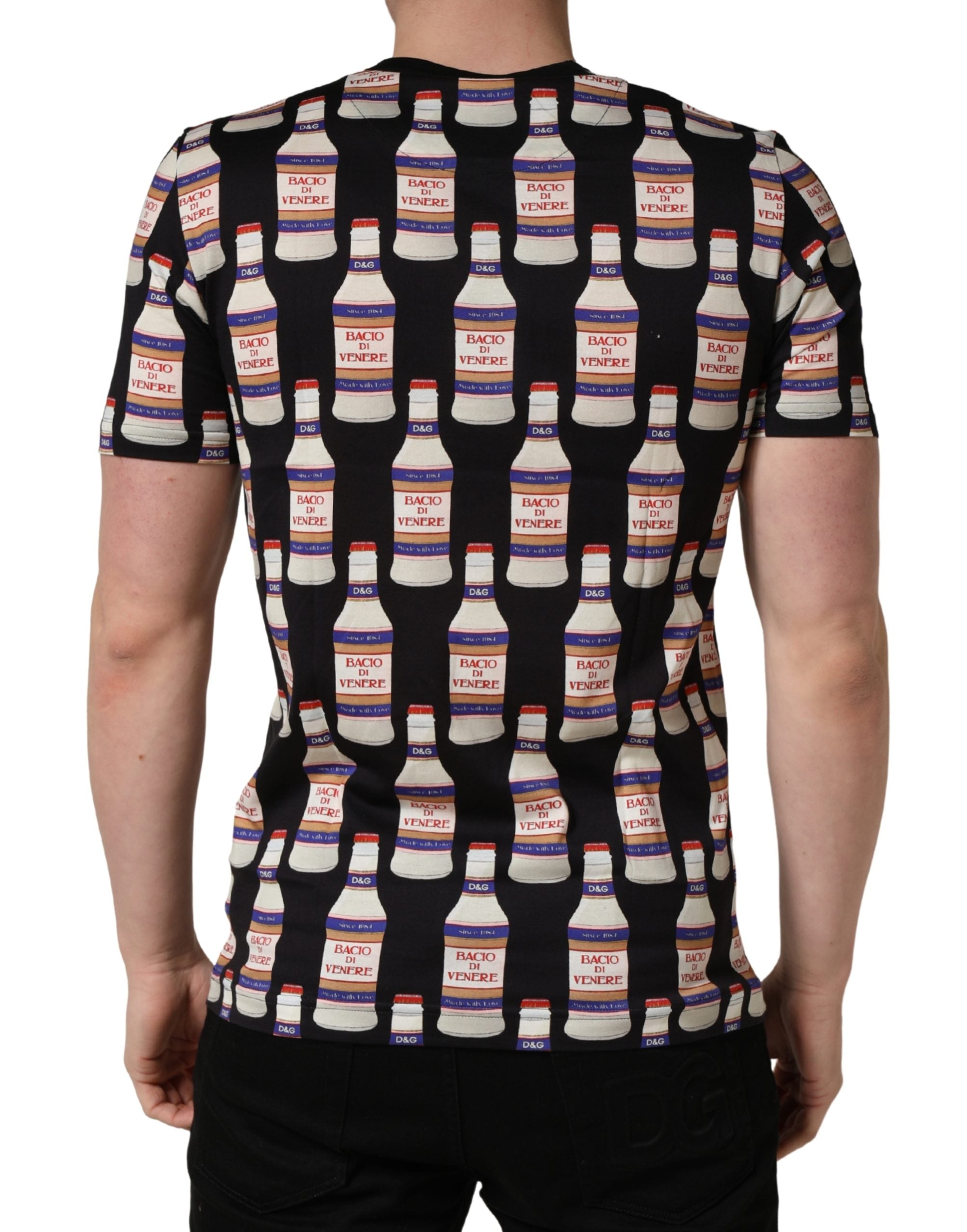 Black Bottle Print Cotton Crew Neck T-shirt - ventzia