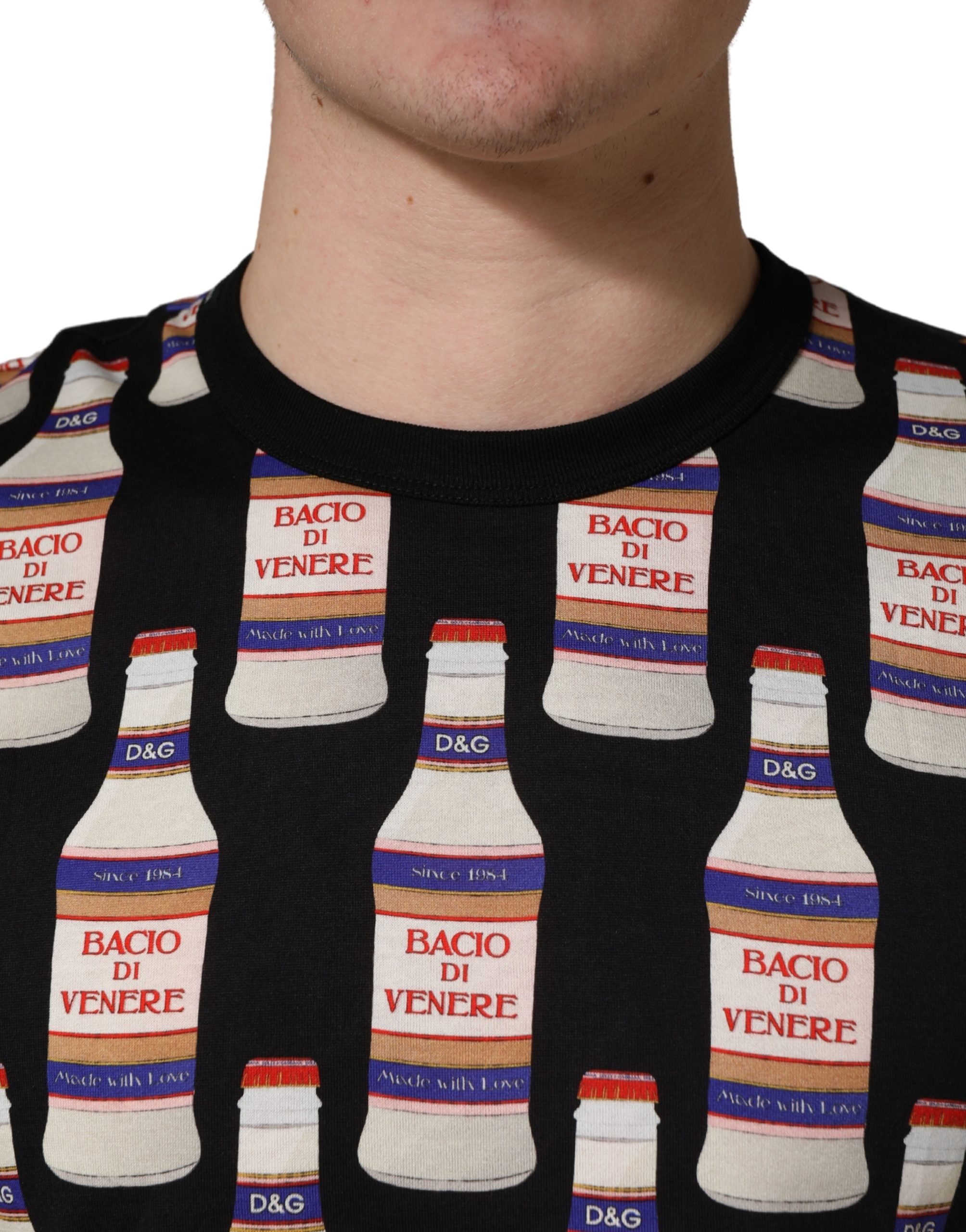 Black Bottle Print Cotton Crew Neck T-shirt - ventzia