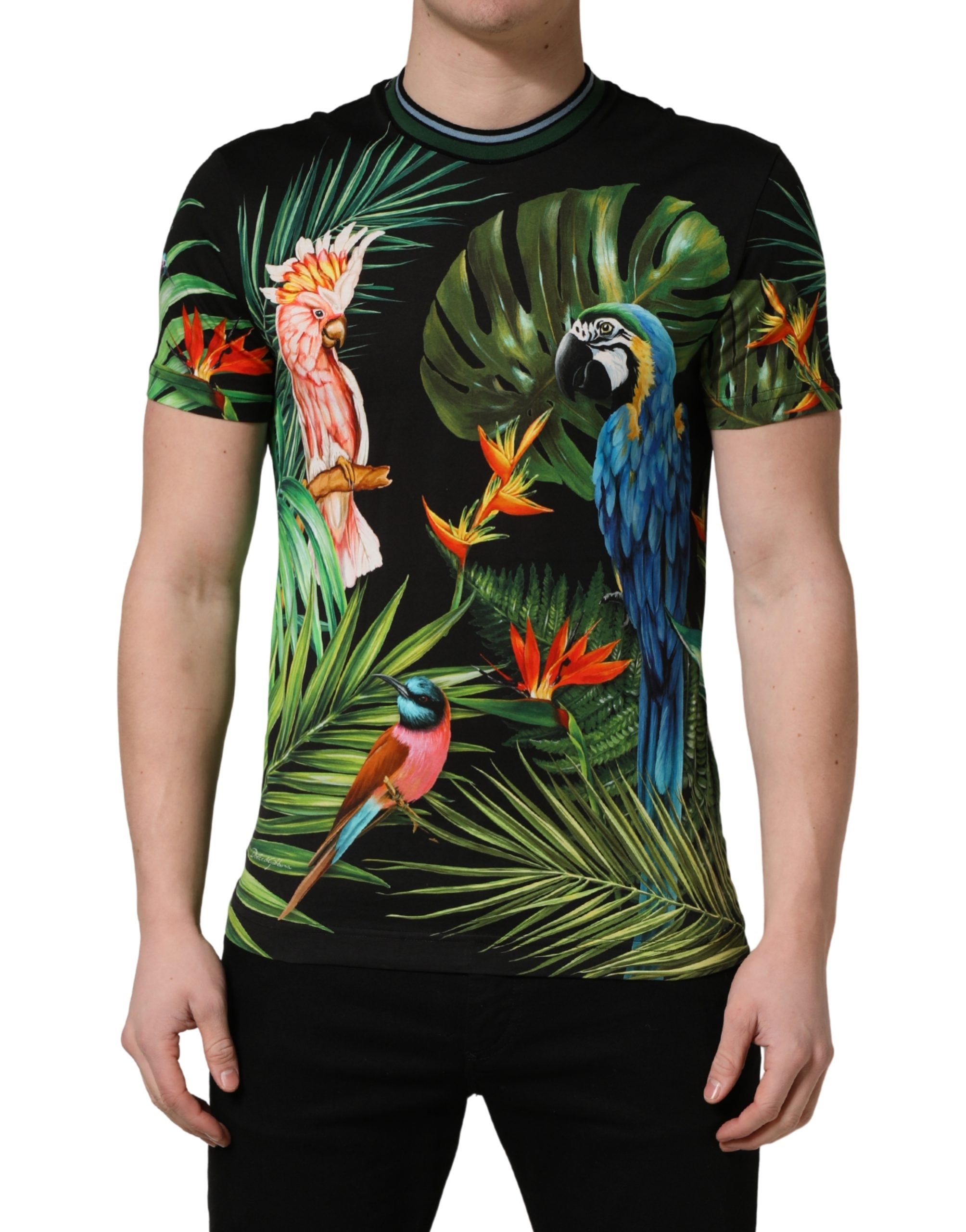 Black Bird Print Cotton Men Crew Neck T-shirt - ventzia