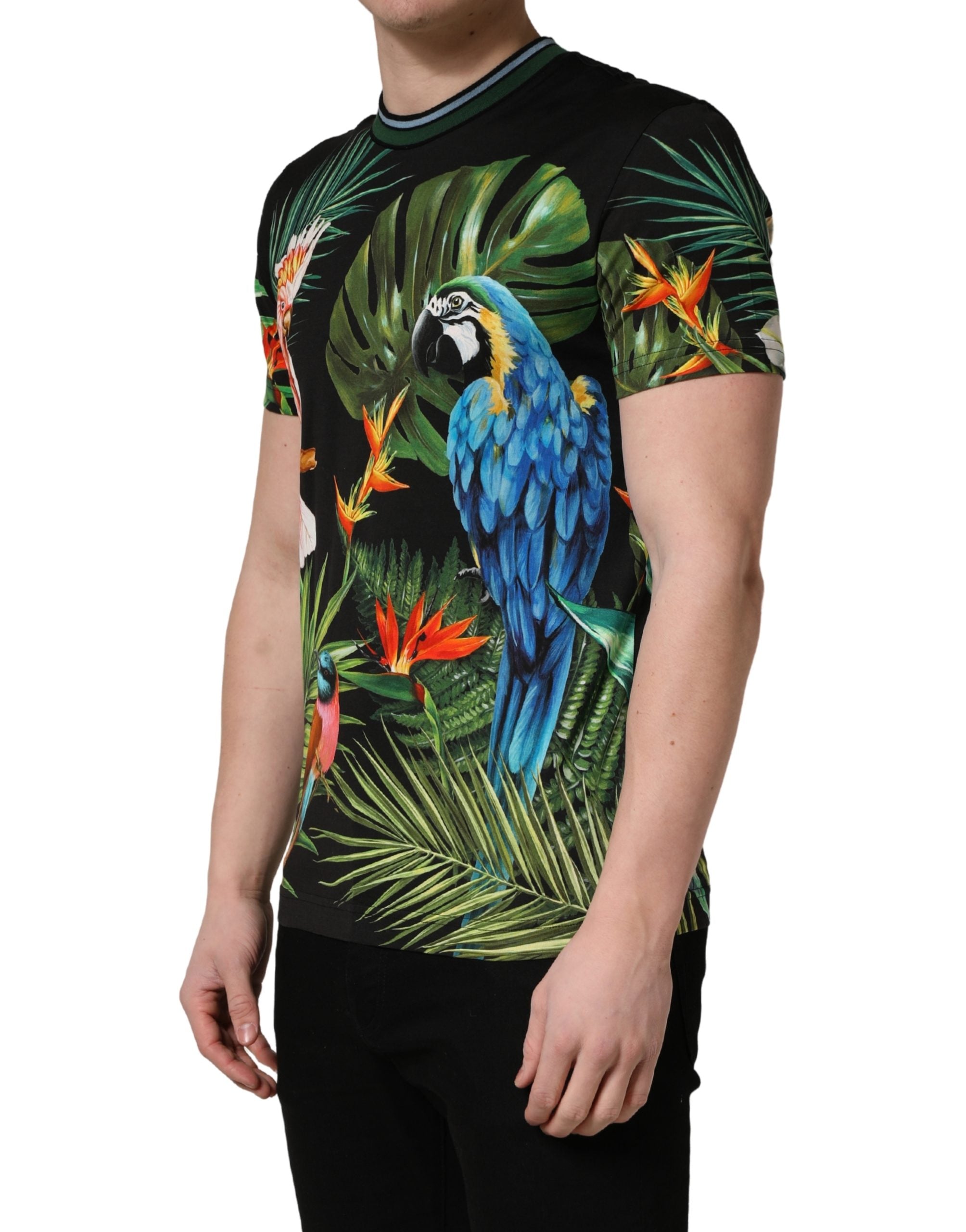 Black Bird Print Cotton Men Crew Neck T-shirt - ventzia