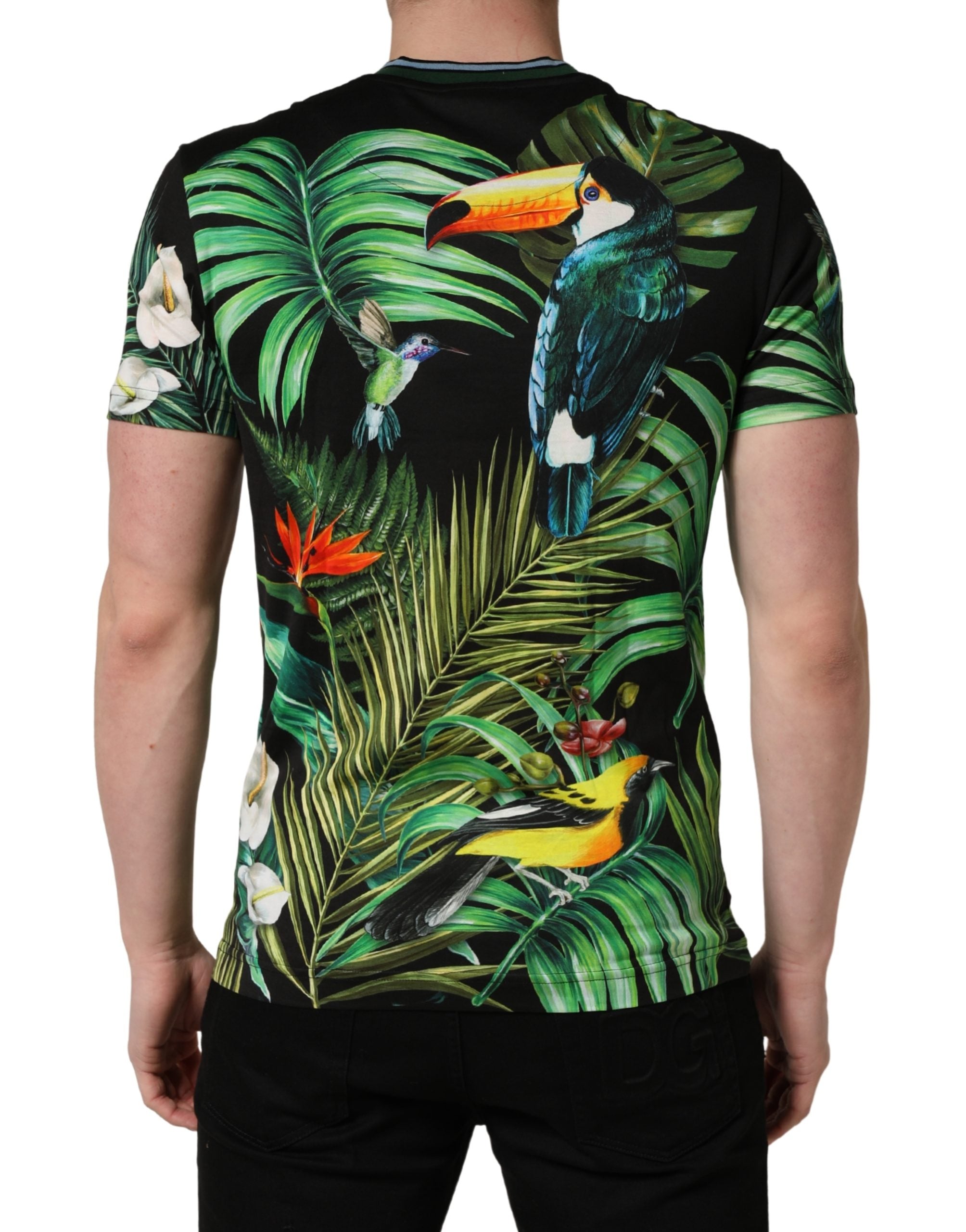 Black Bird Print Cotton Men Crew Neck T-shirt - ventzia