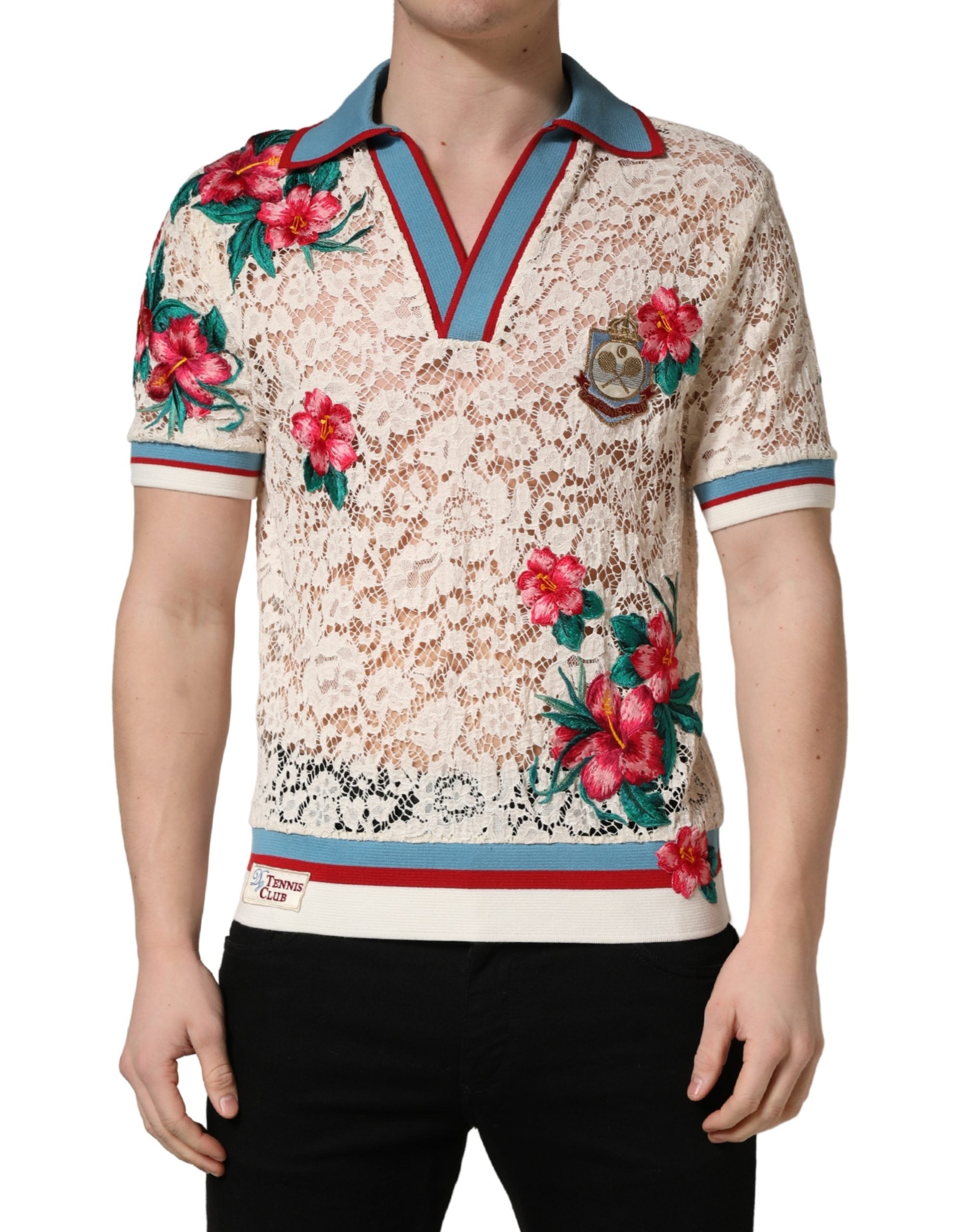 Beige Floral Tennis Club Lace Polo T-shirt - ventzia