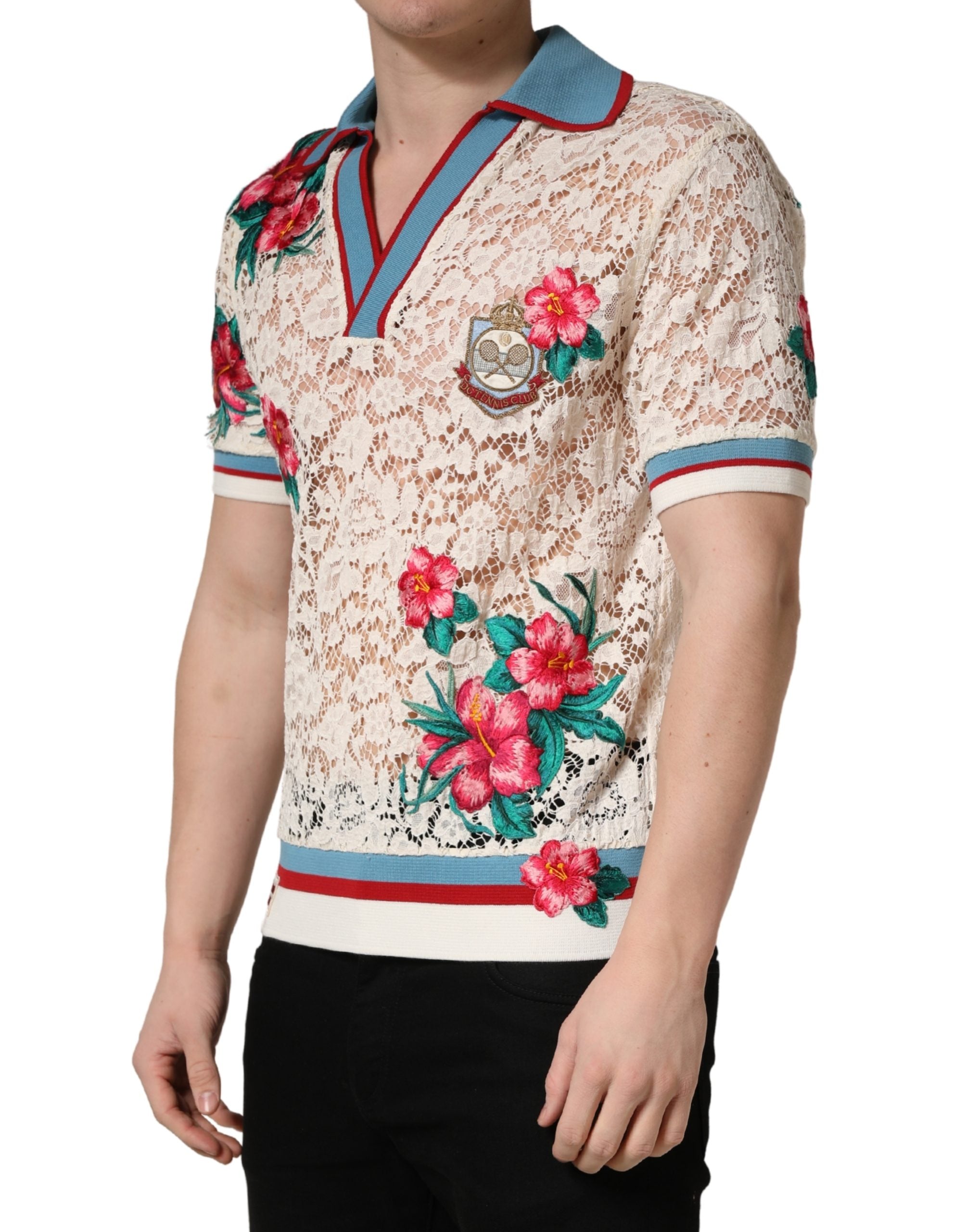 Beige Floral Tennis Club Lace Polo T-shirt - ventzia