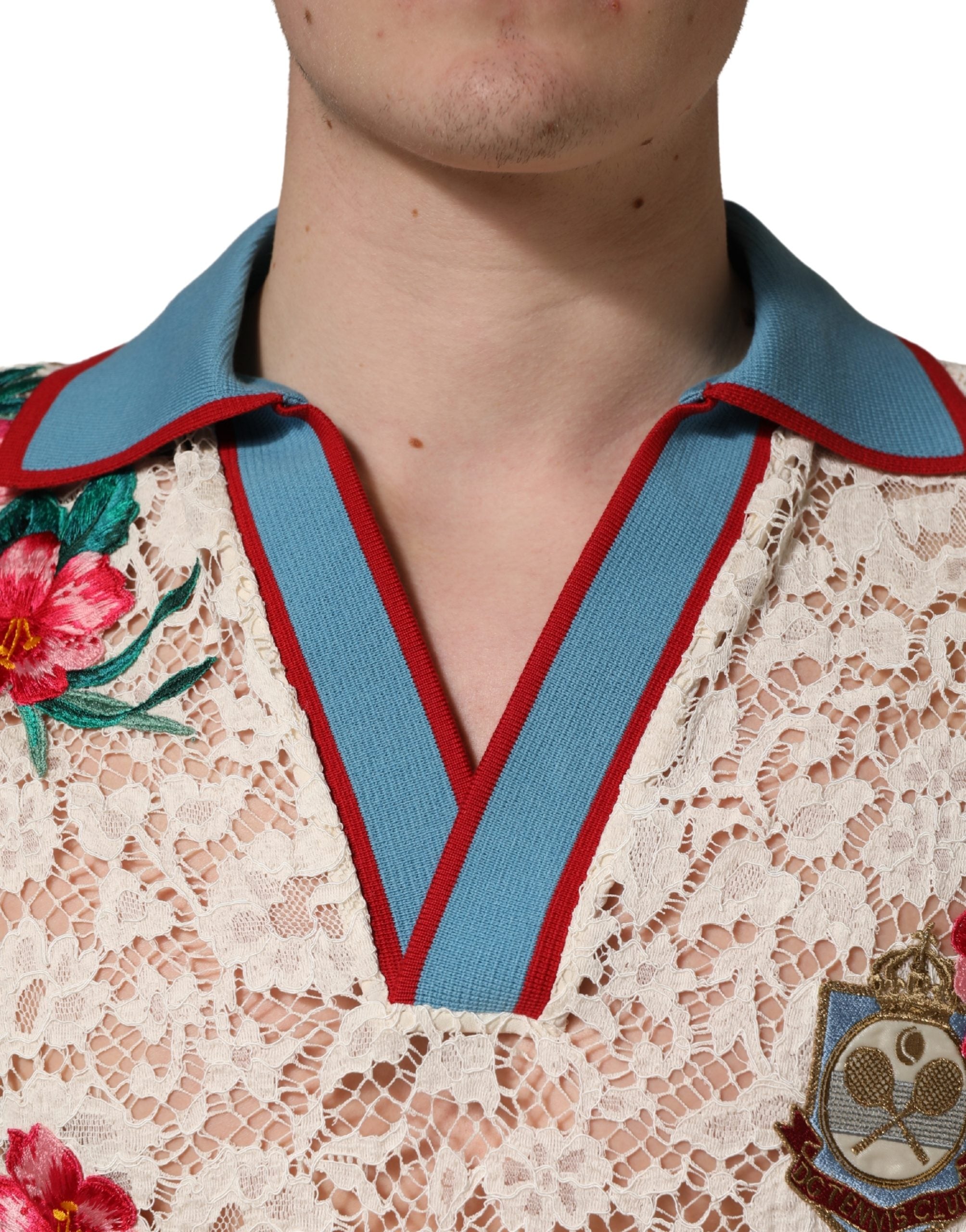 Beige Floral Tennis Club Lace Polo T-shirt - ventzia