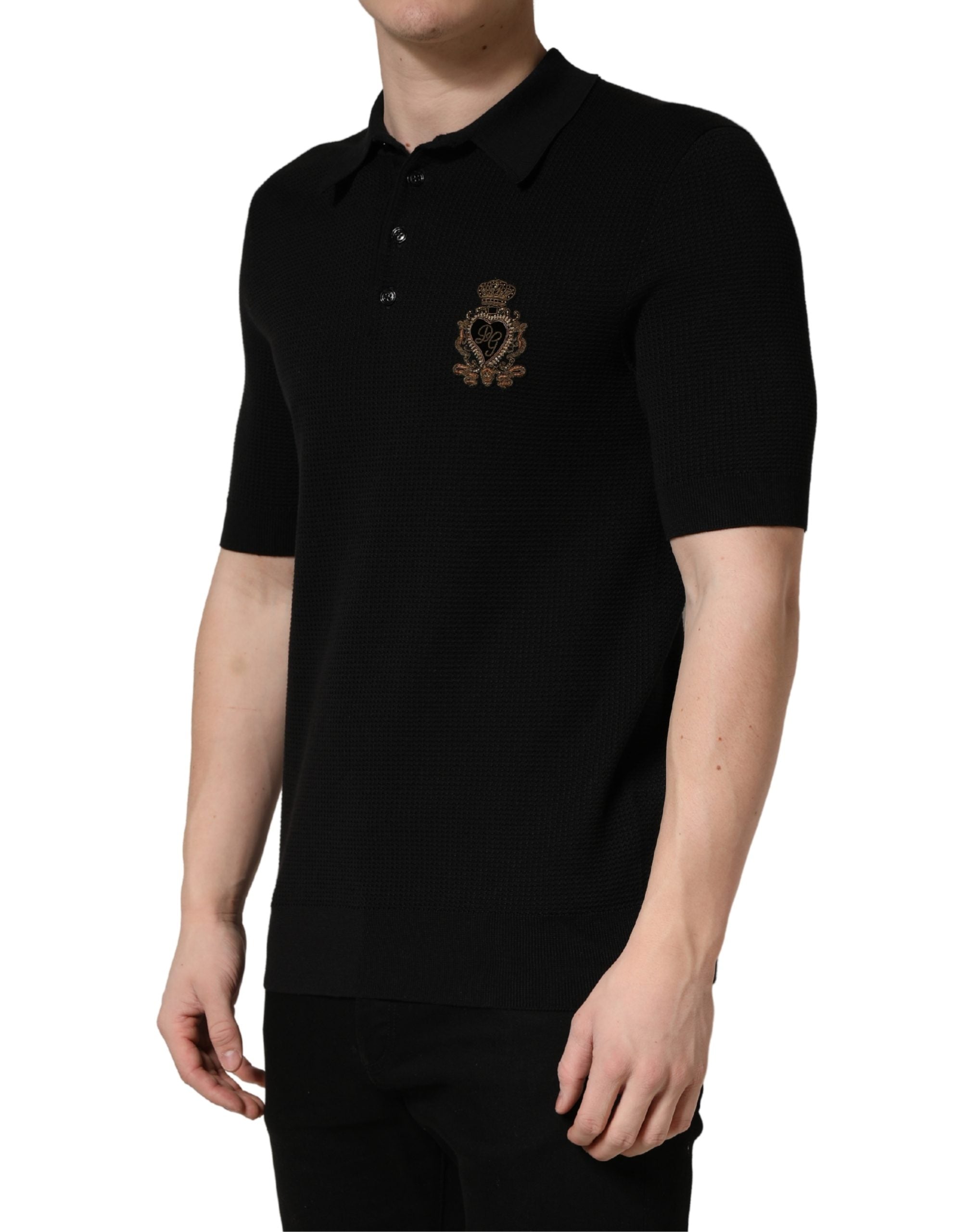 Black Heraldic Crest Patch Silk Polo T-shirt - ventzia