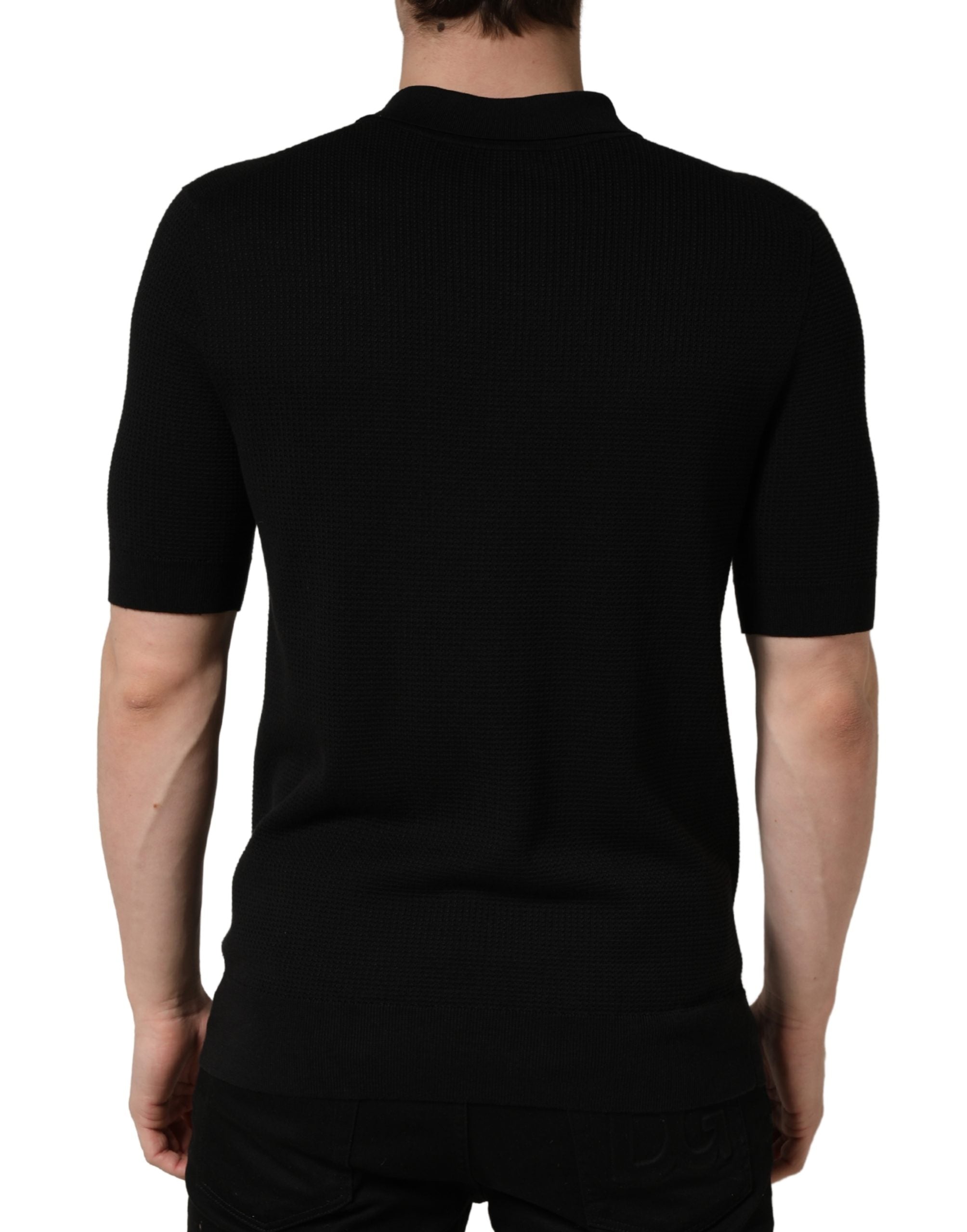 Black Heraldic Crest Patch Silk Polo T-shirt - ventzia