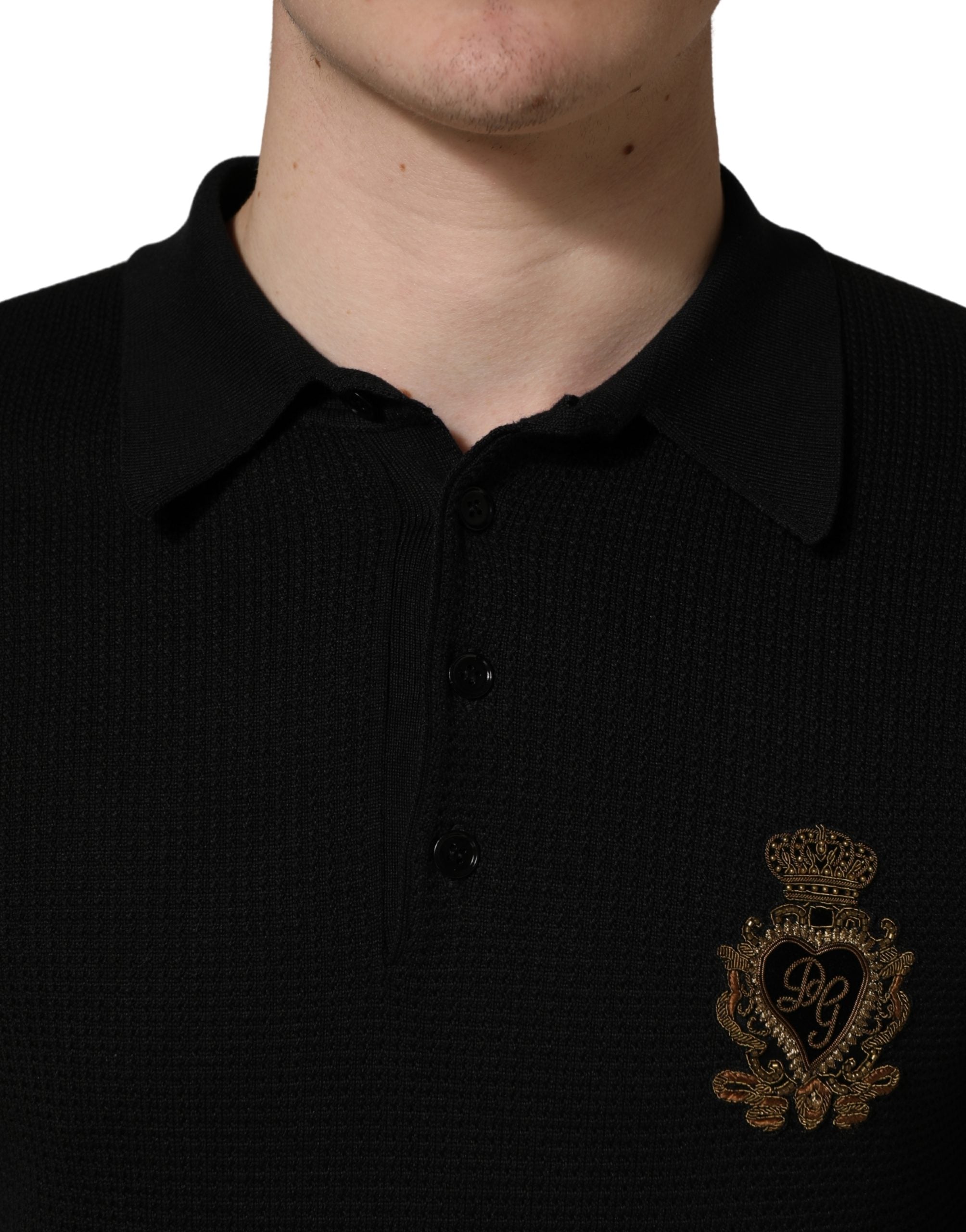 Black Heraldic Crest Patch Silk Polo T-shirt - ventzia