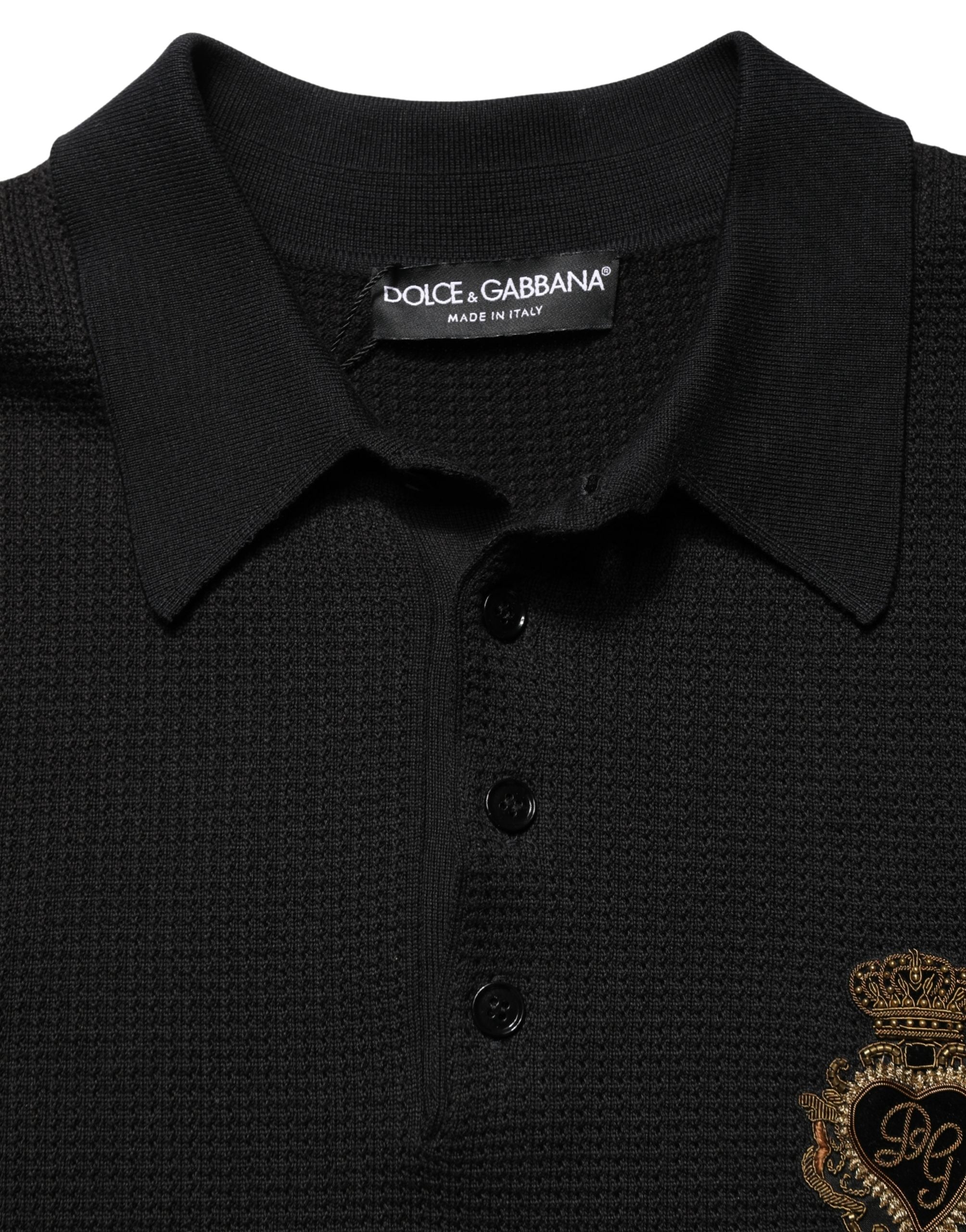 Black Heraldic Crest Patch Silk Polo T-shirt - ventzia