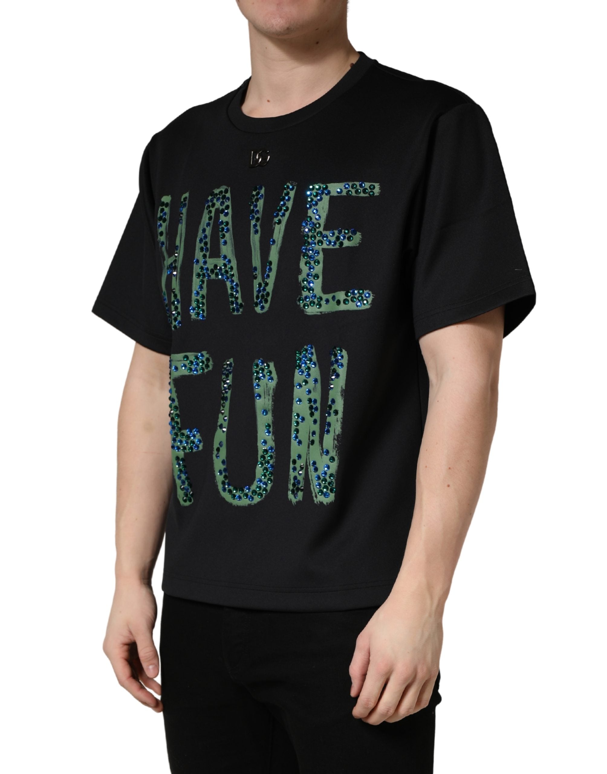 Black Have Fun Embellished Crew Neck T-shirt - ventzia