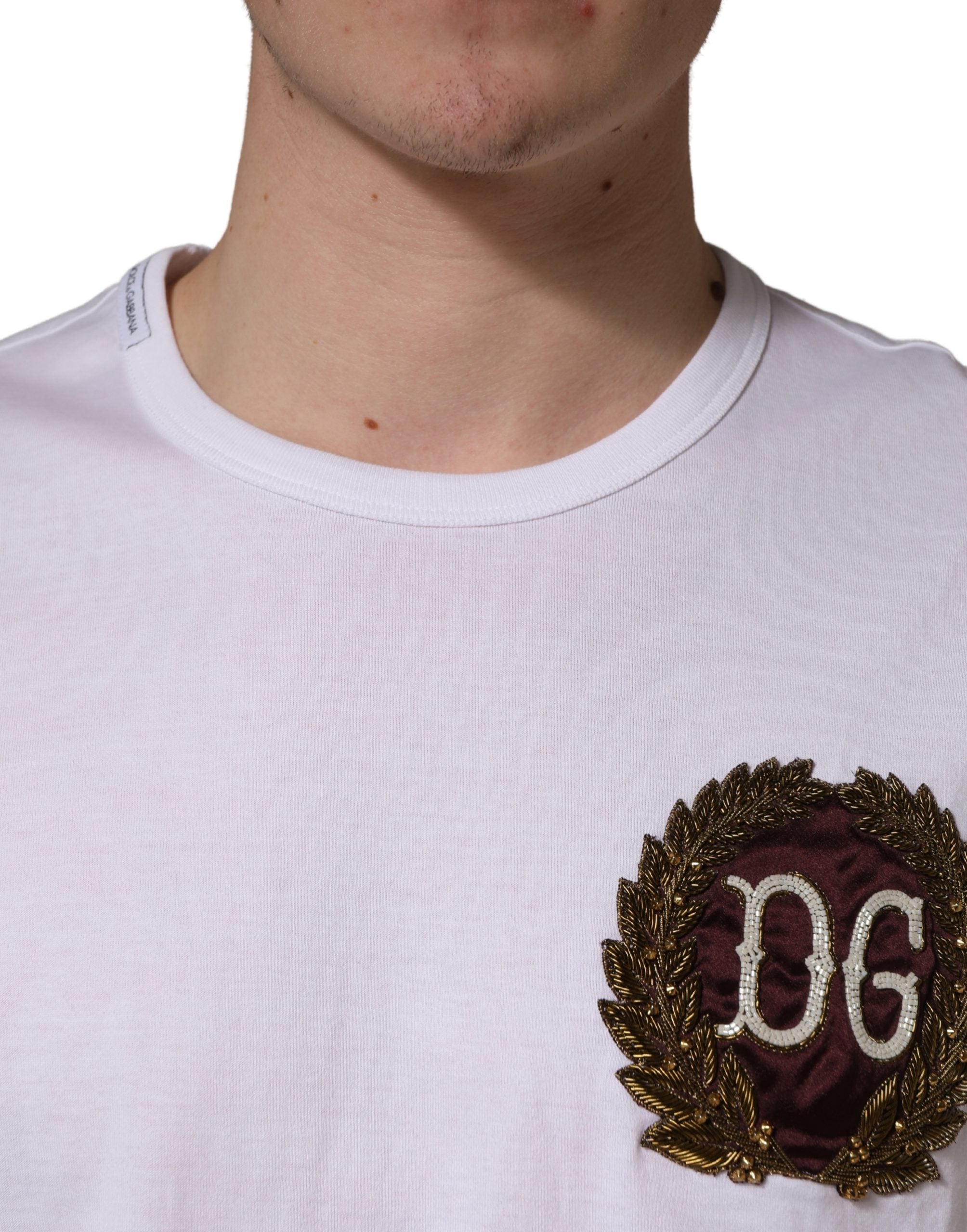 White DG Leaf Embroidery Crew Neck T-shirt - ventzia