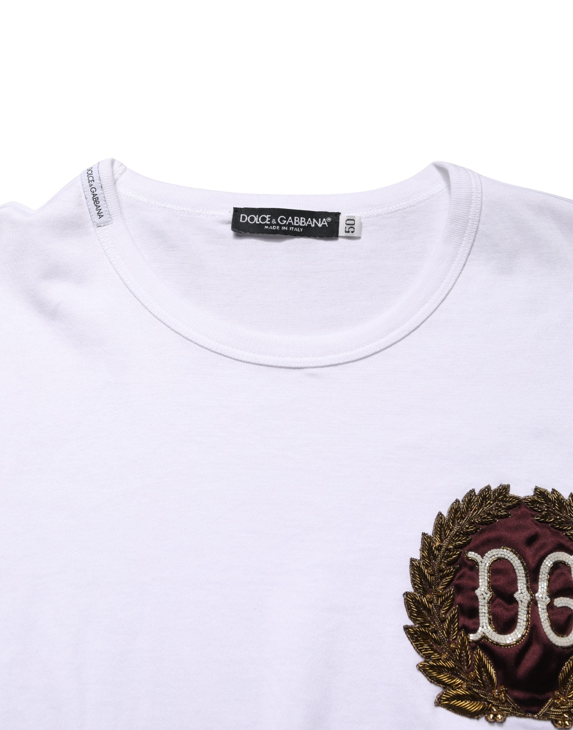 White DG Leaf Embroidery Crew Neck T-shirt - ventzia