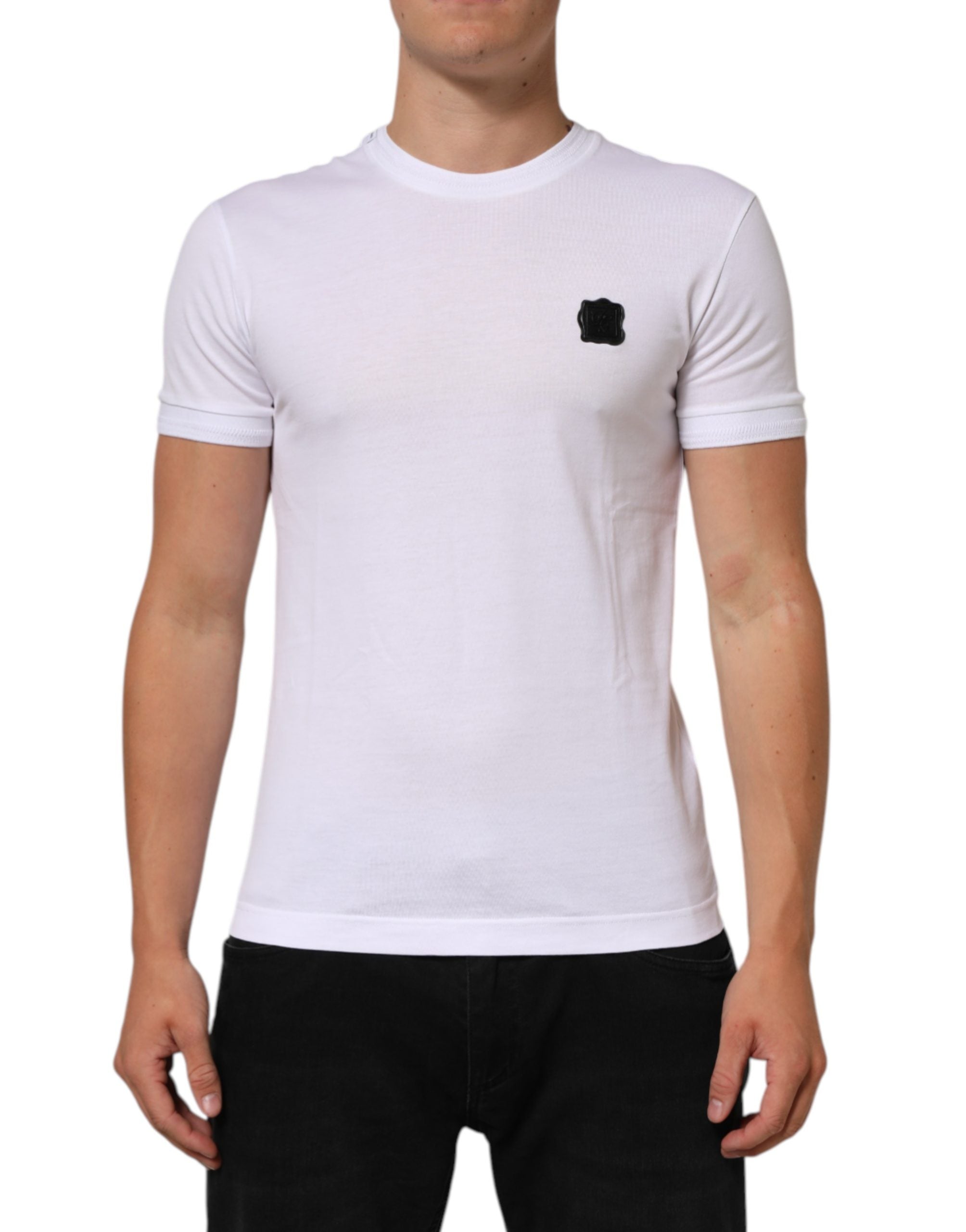 White Logo Patch Cotton Crew Neck T-shirt - ventzia