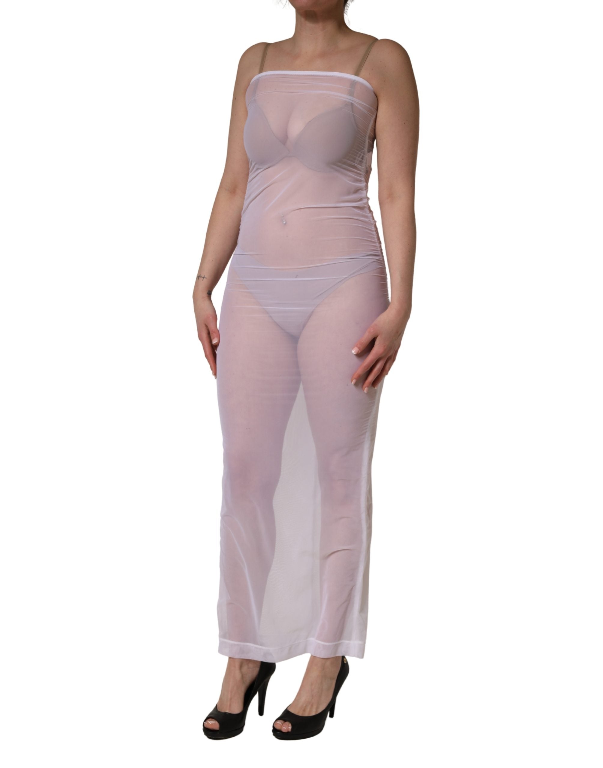 White Sheer Nylon Stretch Sheath Maxi Dress - ventzia