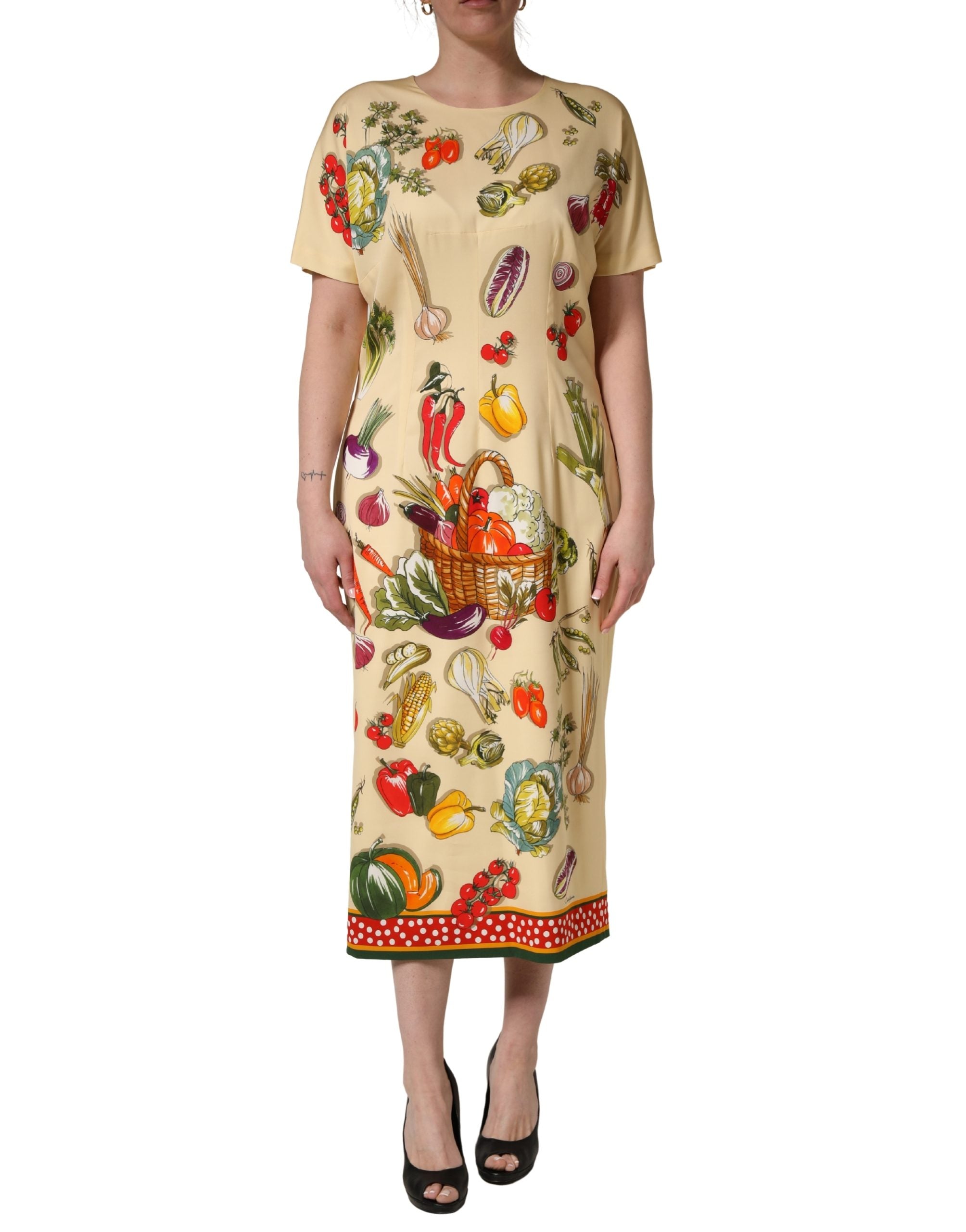 Beige Fruit PolkaDot Sheath Silk Midi Dress - ventzia