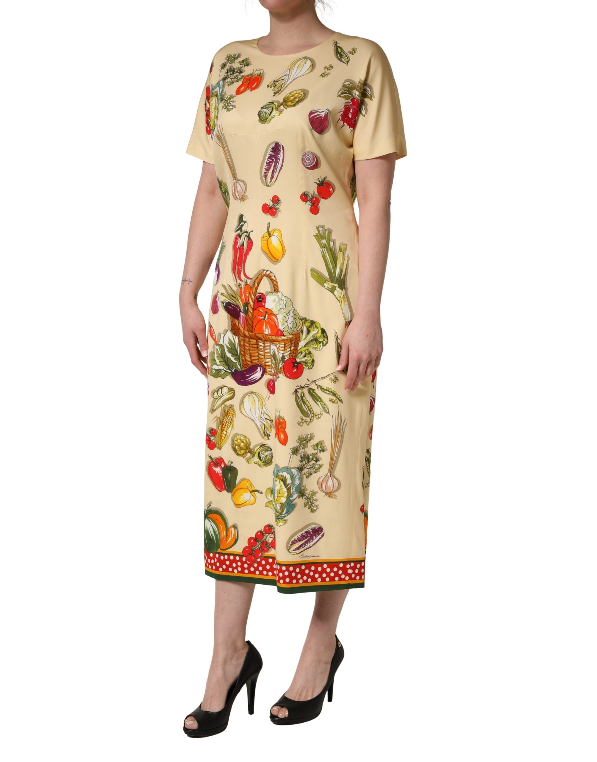 Beige Fruit PolkaDot Sheath Silk Midi Dress - ventzia