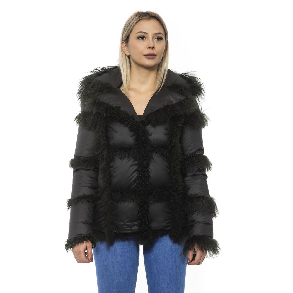 Black Poly Jacket with Lamb Fur Hood for Women - ventzia