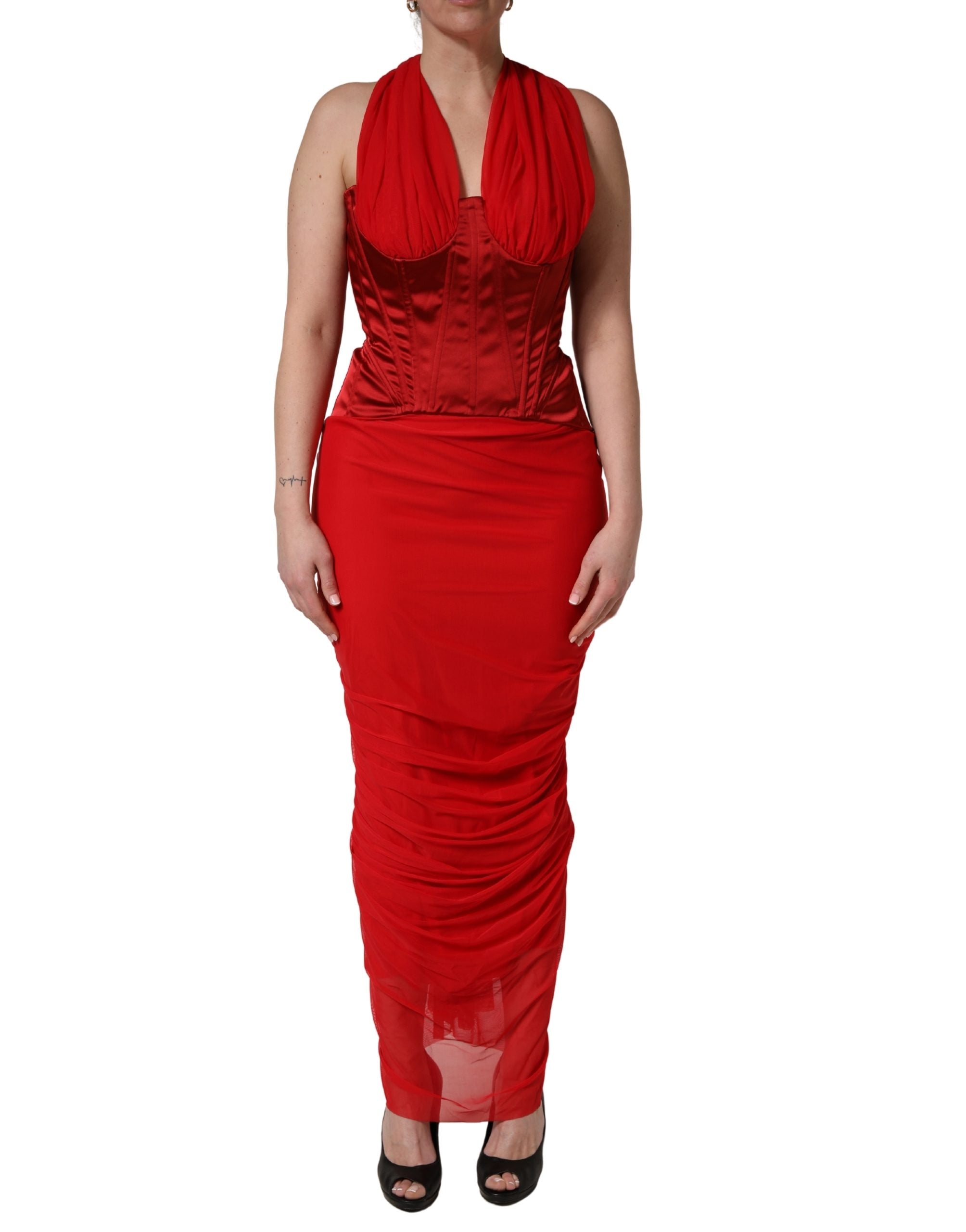 Red Halter Corset Sleeveless Sheath Dress - ventzia