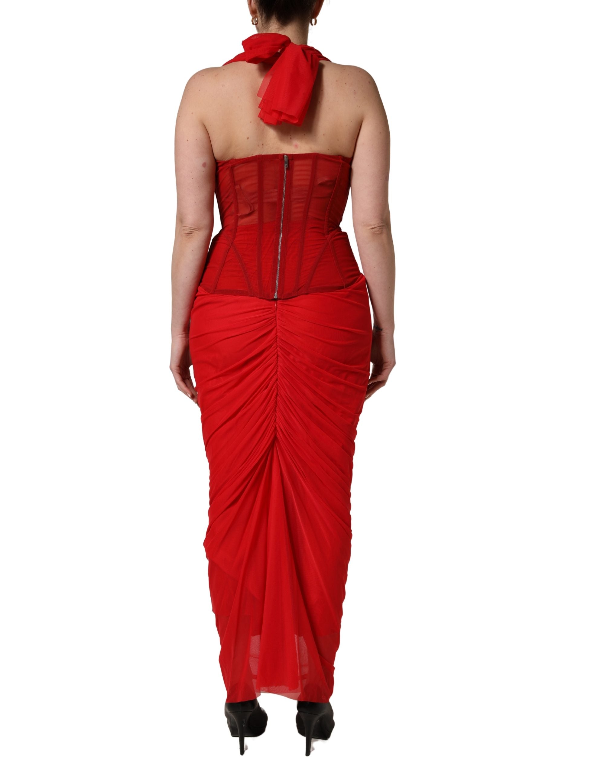Red Halter Corset Sleeveless Sheath Dress - ventzia