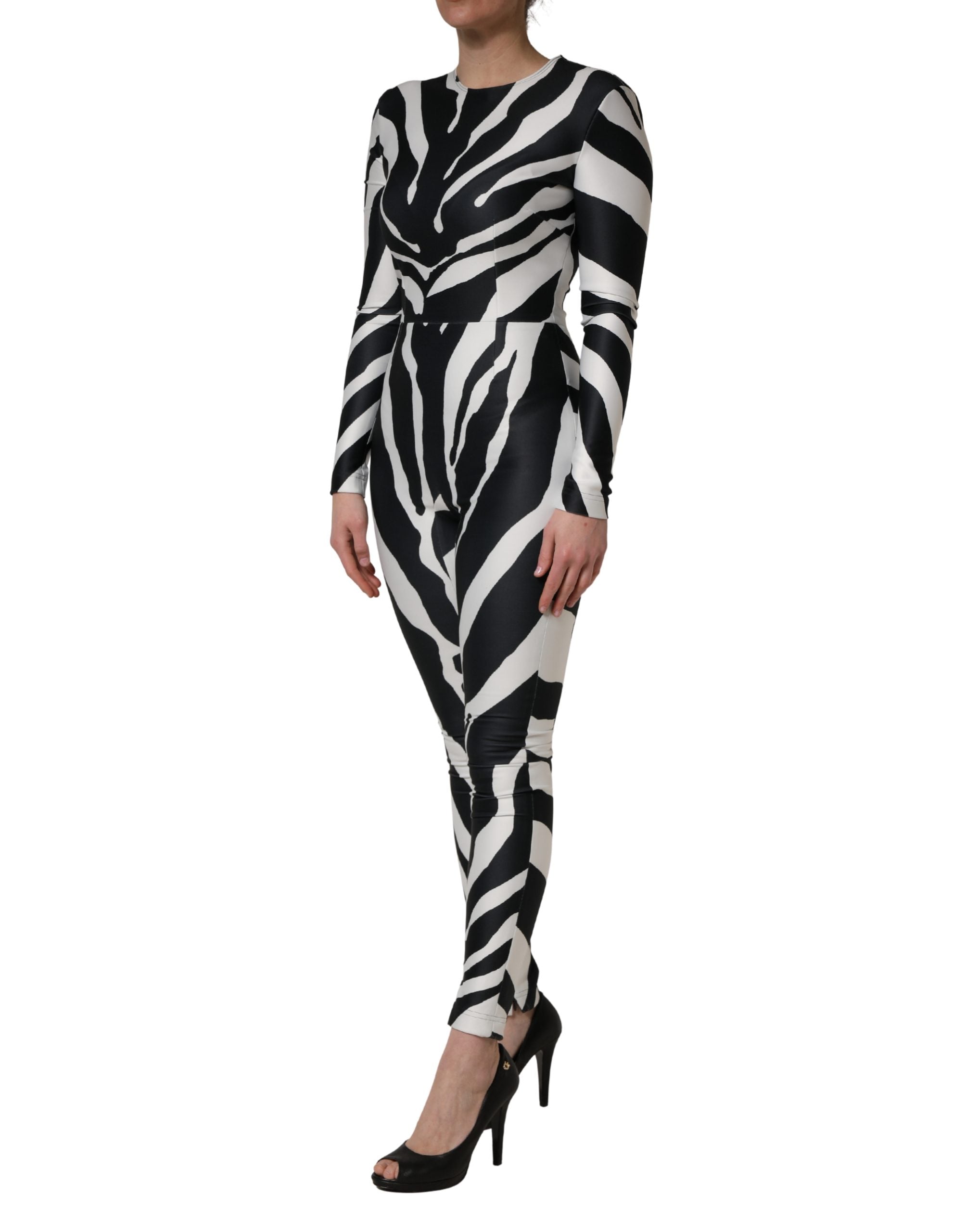 Black White Polyester Zebra Pattern Jumpsuit - ventzia