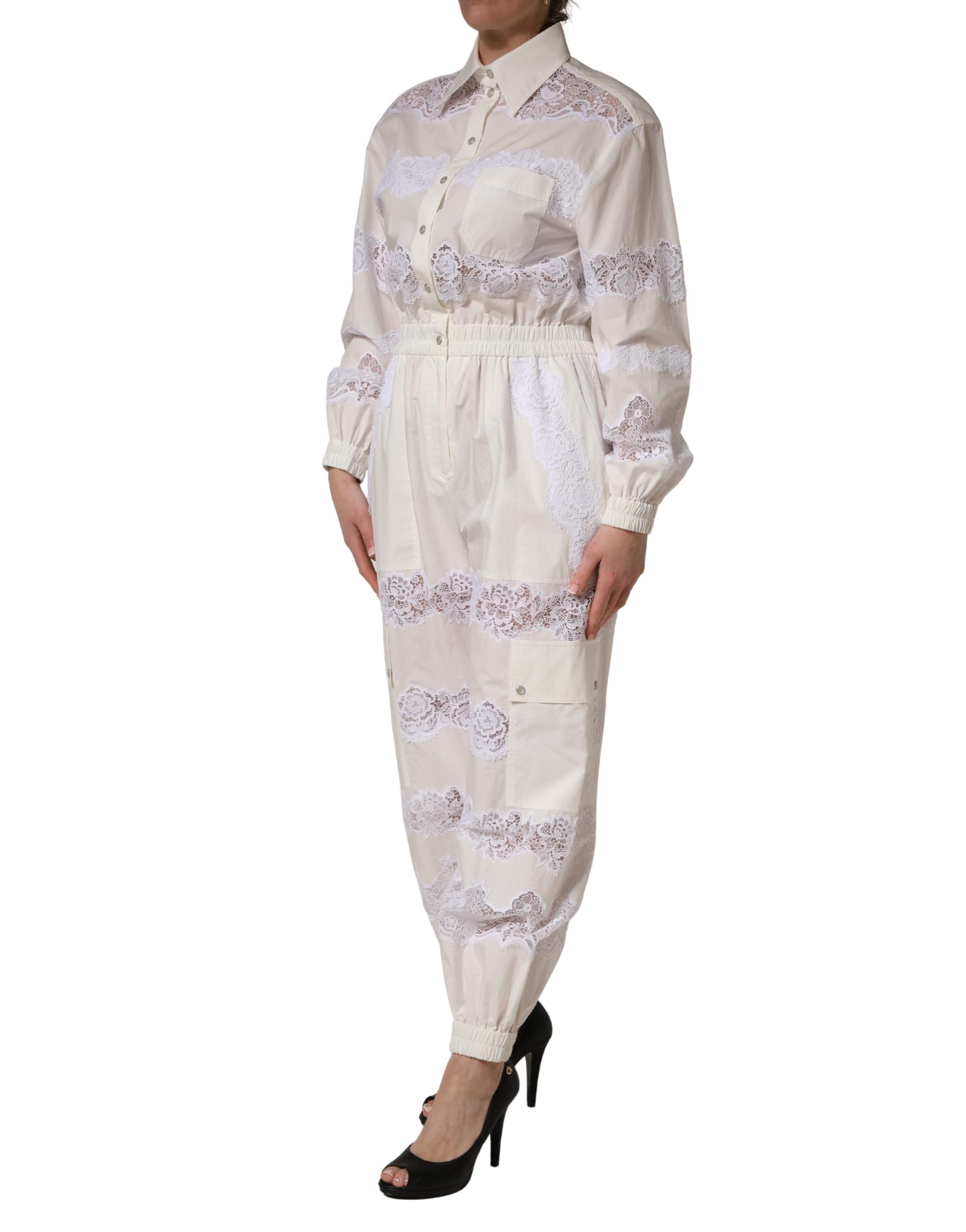 White Cotton Lace Trim Long Sleeves Jumpsuit - ventzia