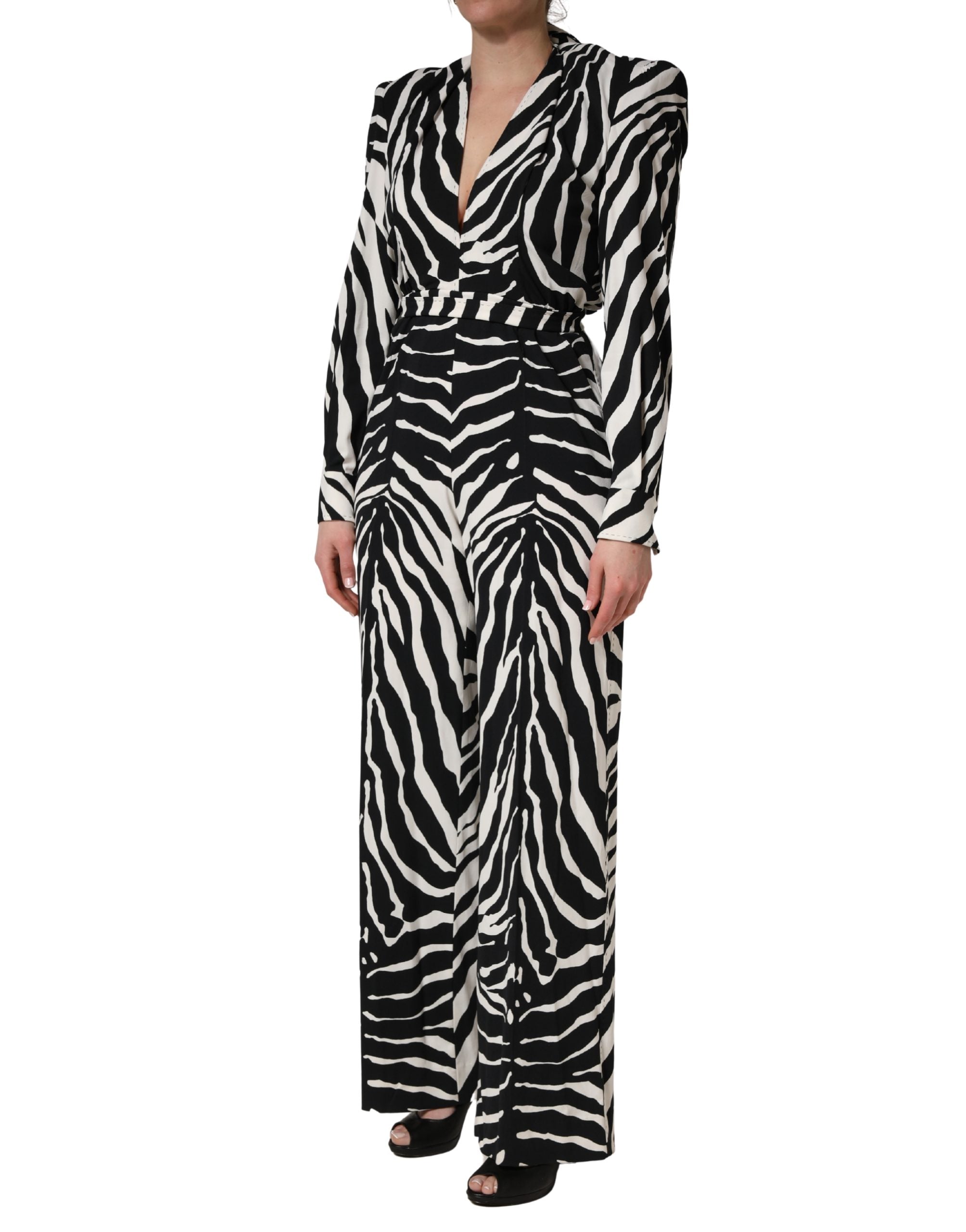 Black White Viscose Zebra Pattern Jumpsuit - ventzia