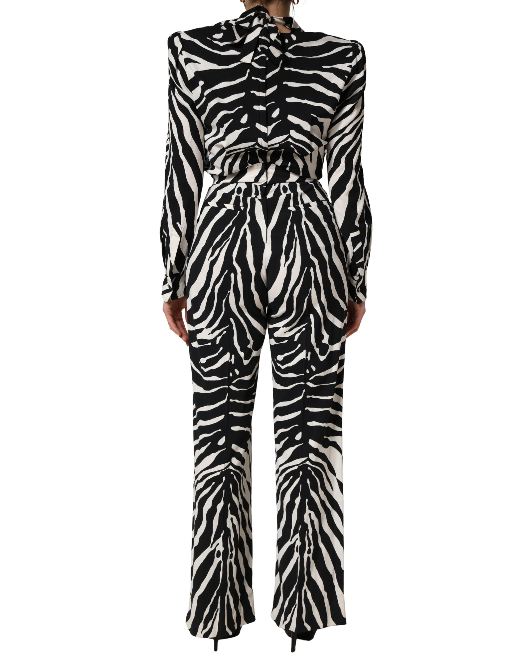 Black White Viscose Zebra Pattern Jumpsuit - ventzia