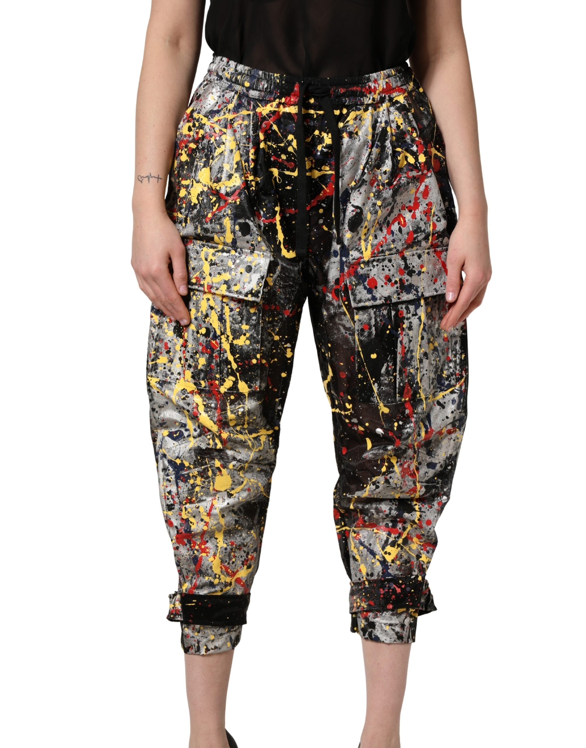 Black ColorSplash Effect Cargo Cropped Pants - ventzia