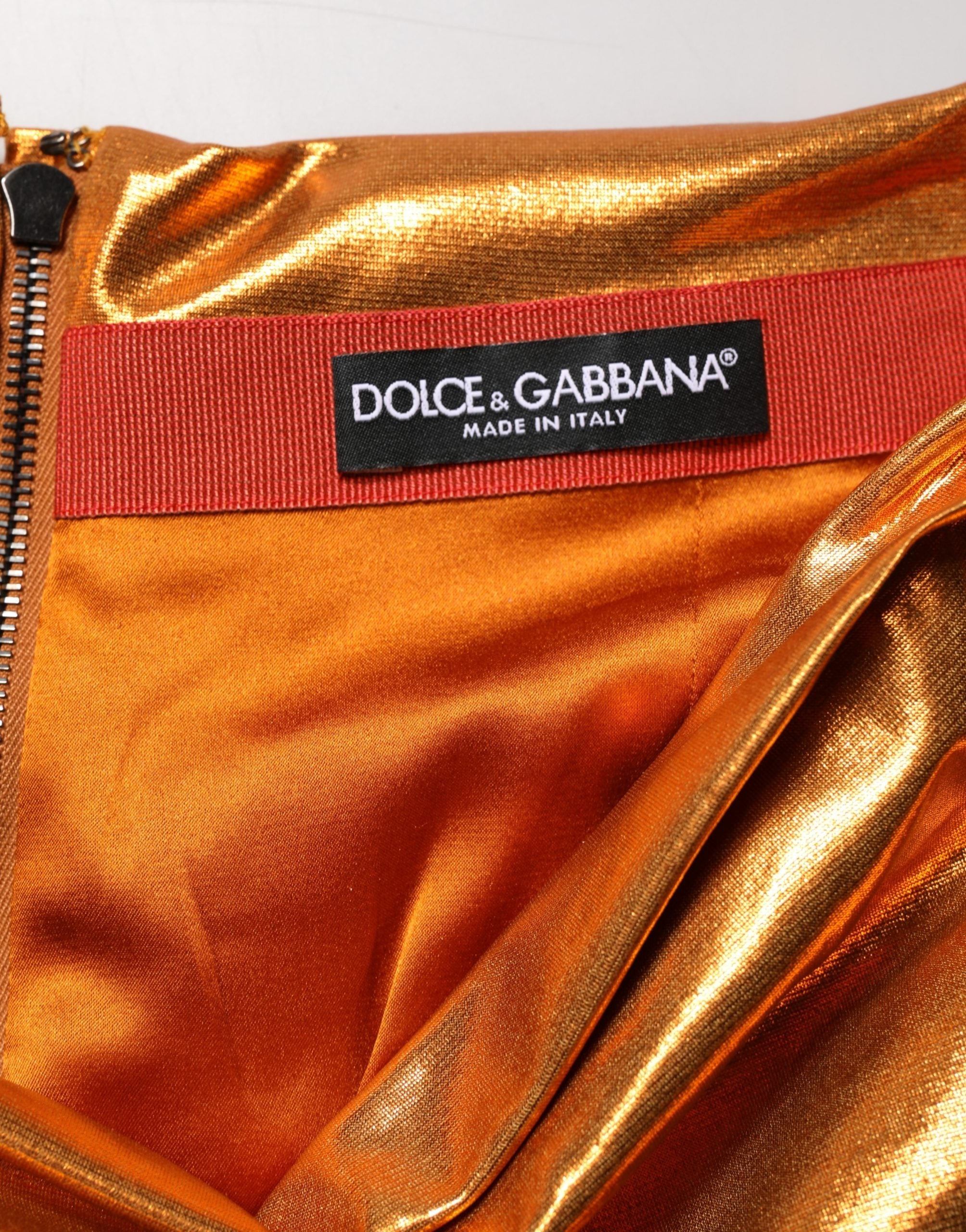 Metallic Orange Ruched Lame Bodycon Mini Skirt - ventzia