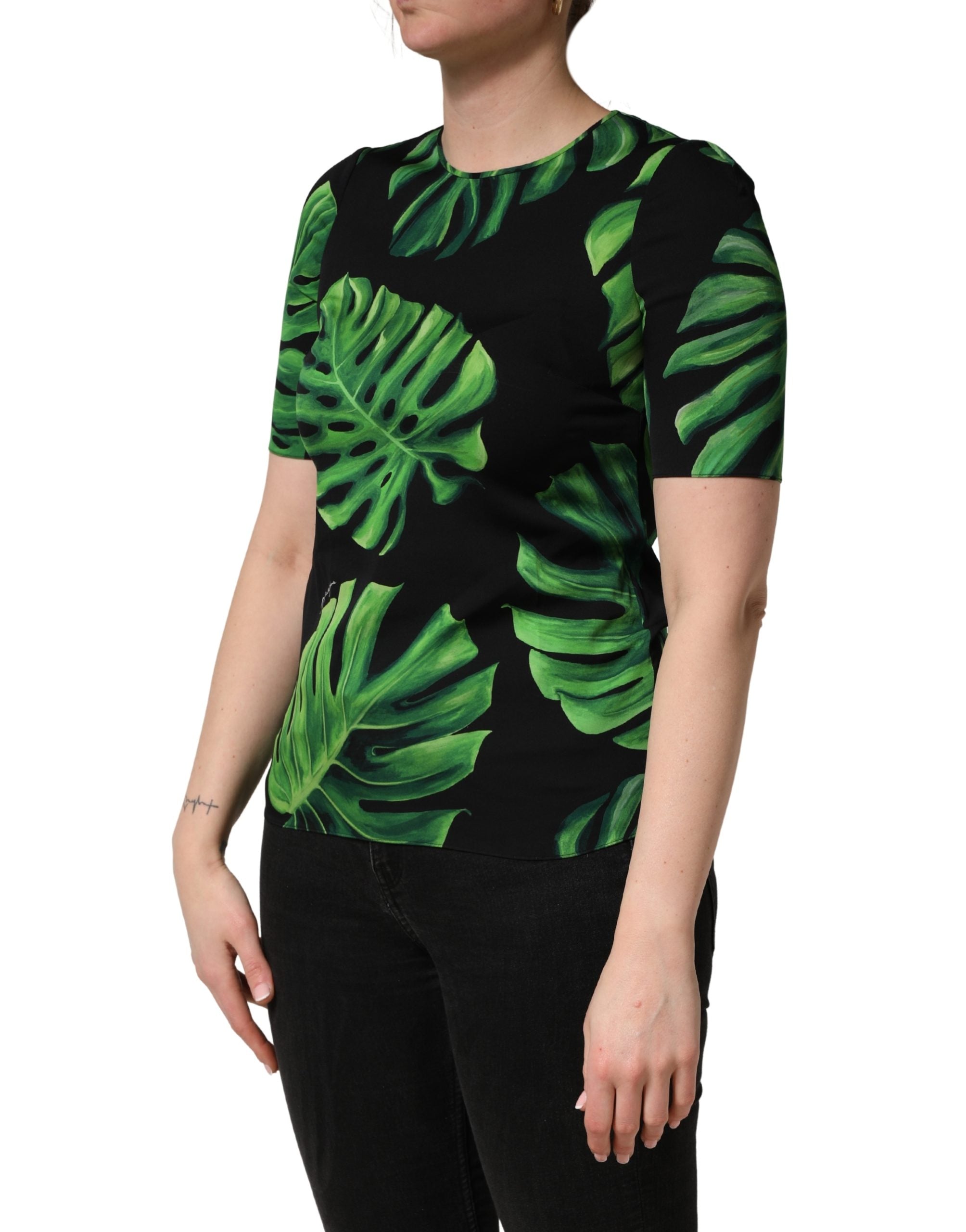Black Philodendron Print Silk Blouse Top - ventzia