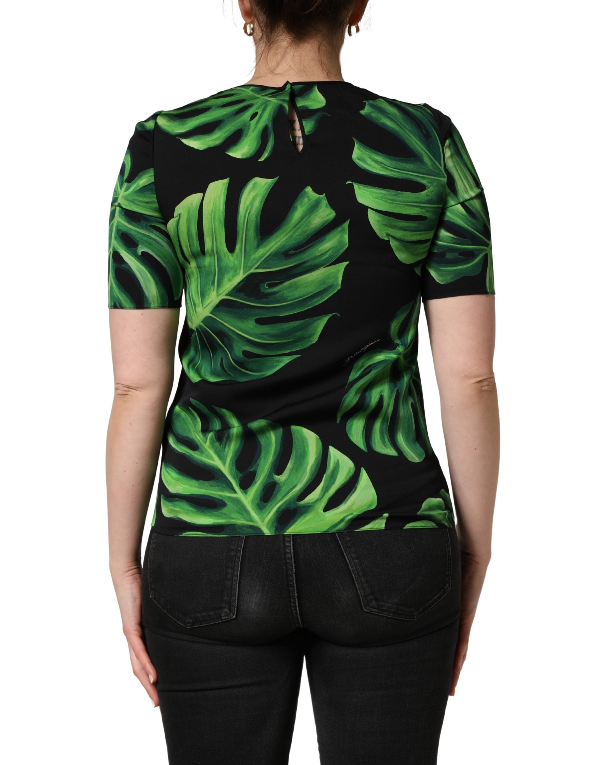 Black Philodendron Print Silk Blouse Top - ventzia