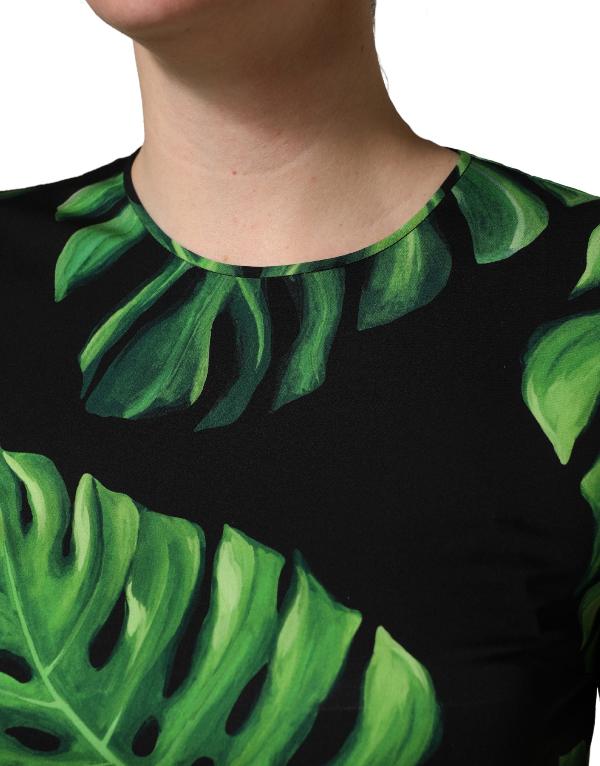 Black Philodendron Print Silk Blouse Top - ventzia