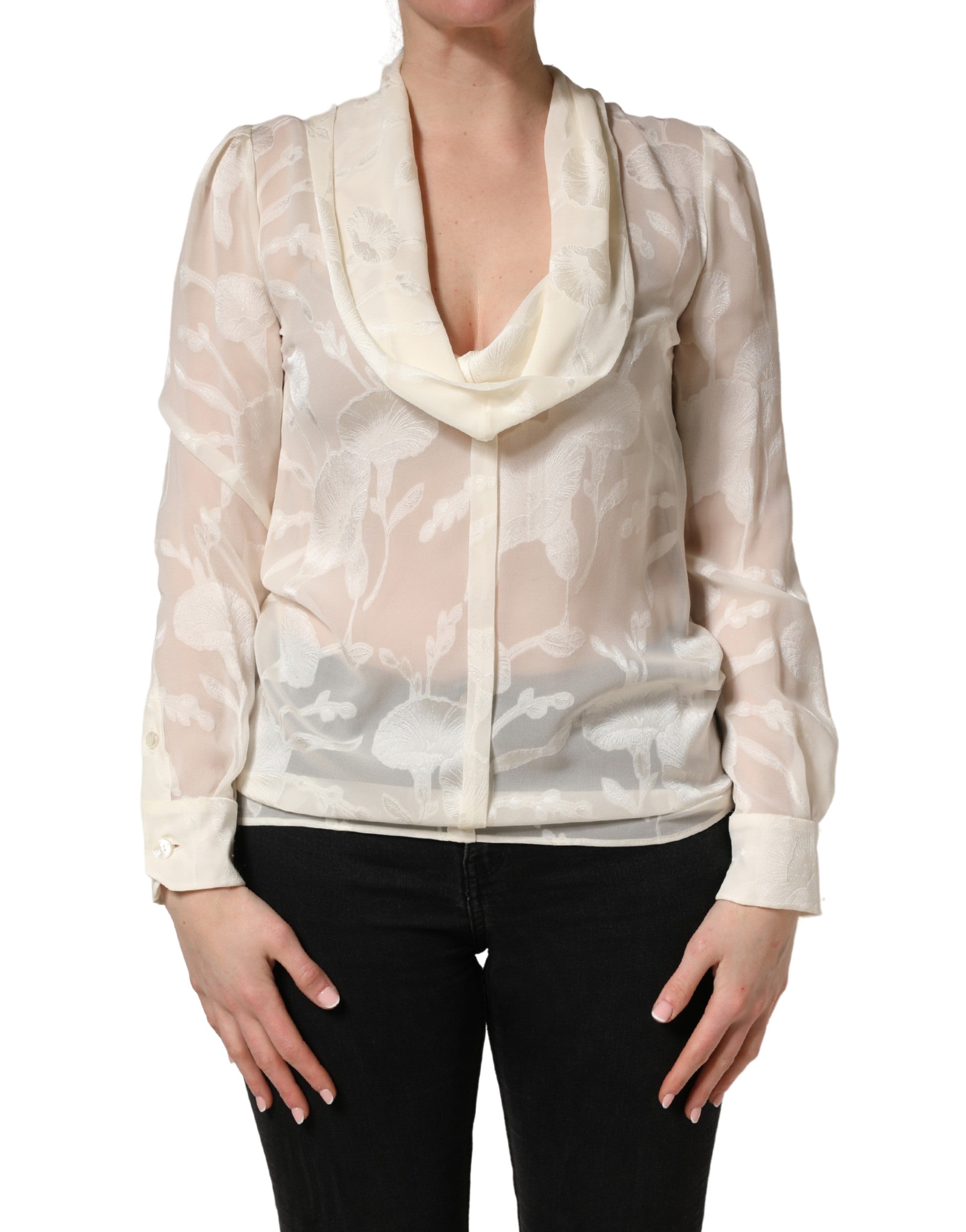 Off White Floral Semi Sheer Silk Blouse Top - ventzia