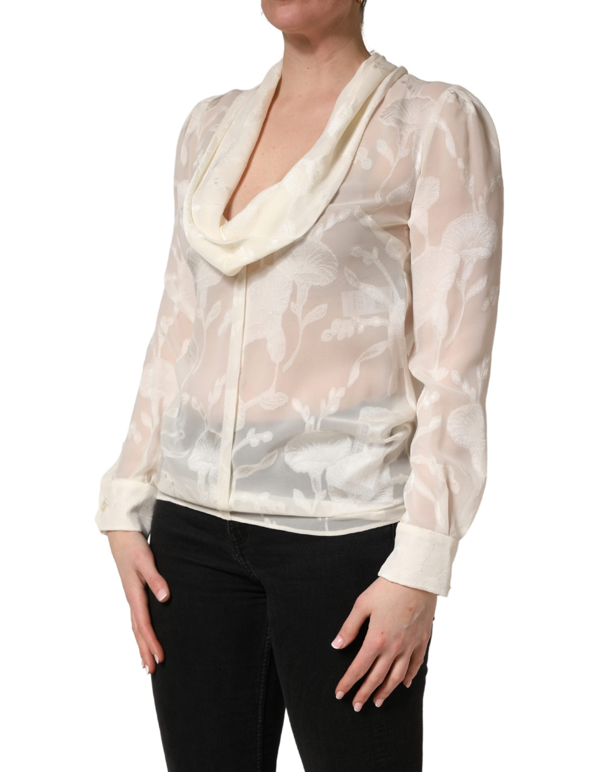Off White Floral Semi Sheer Silk Blouse Top - ventzia