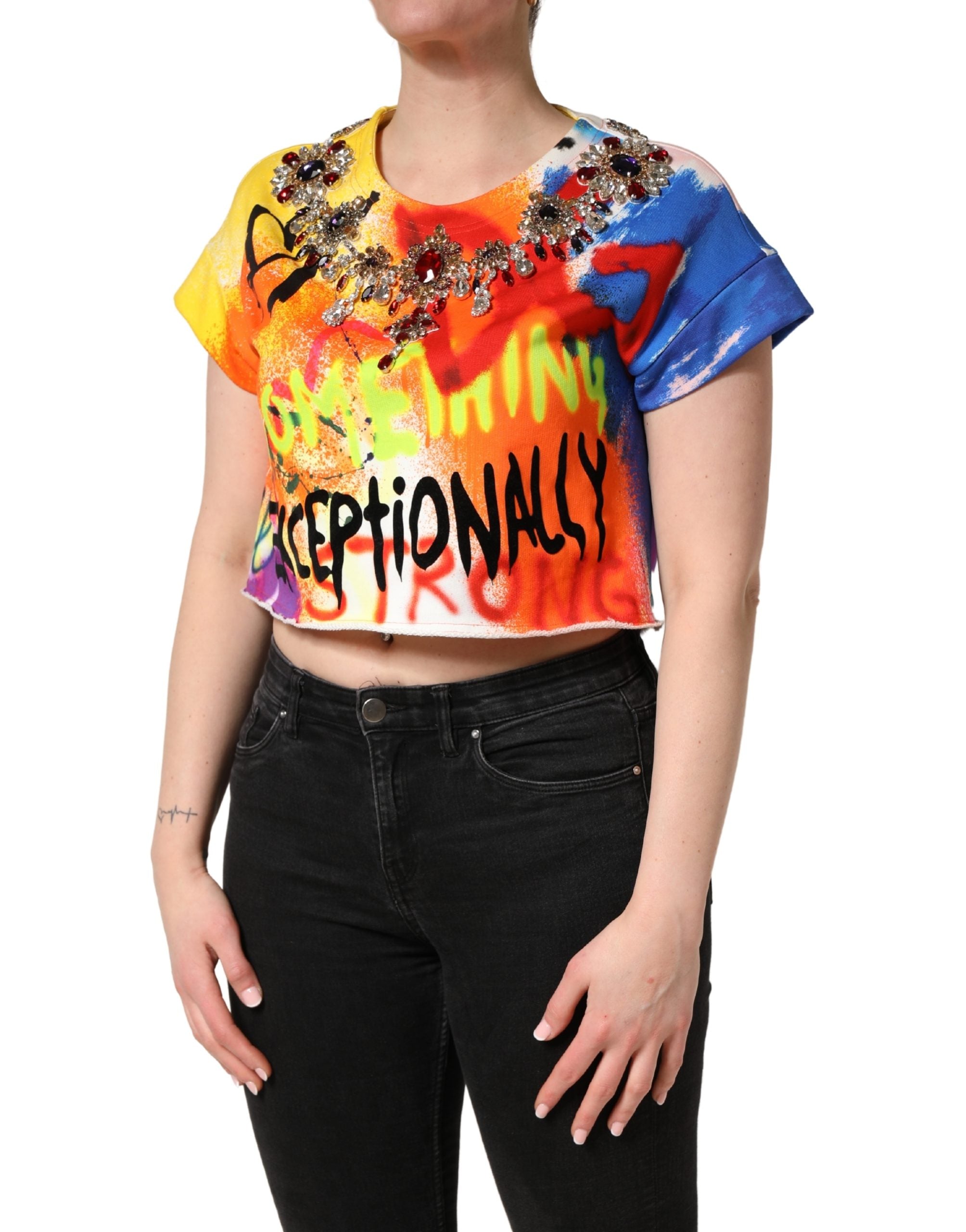 Multicolor Graffiti Crystals Crop Jersey Top - ventzia