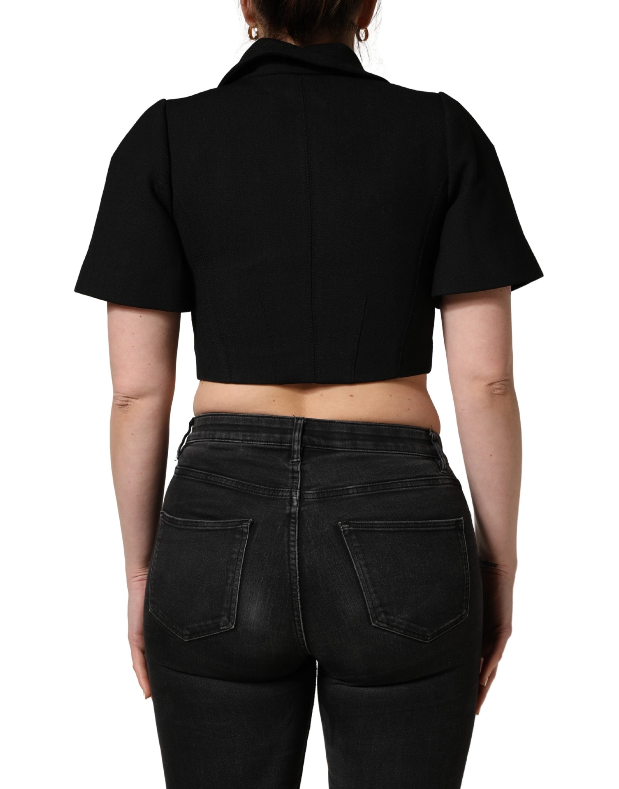 Black Collared Short Sleeves Cropped Blouse Top - ventzia