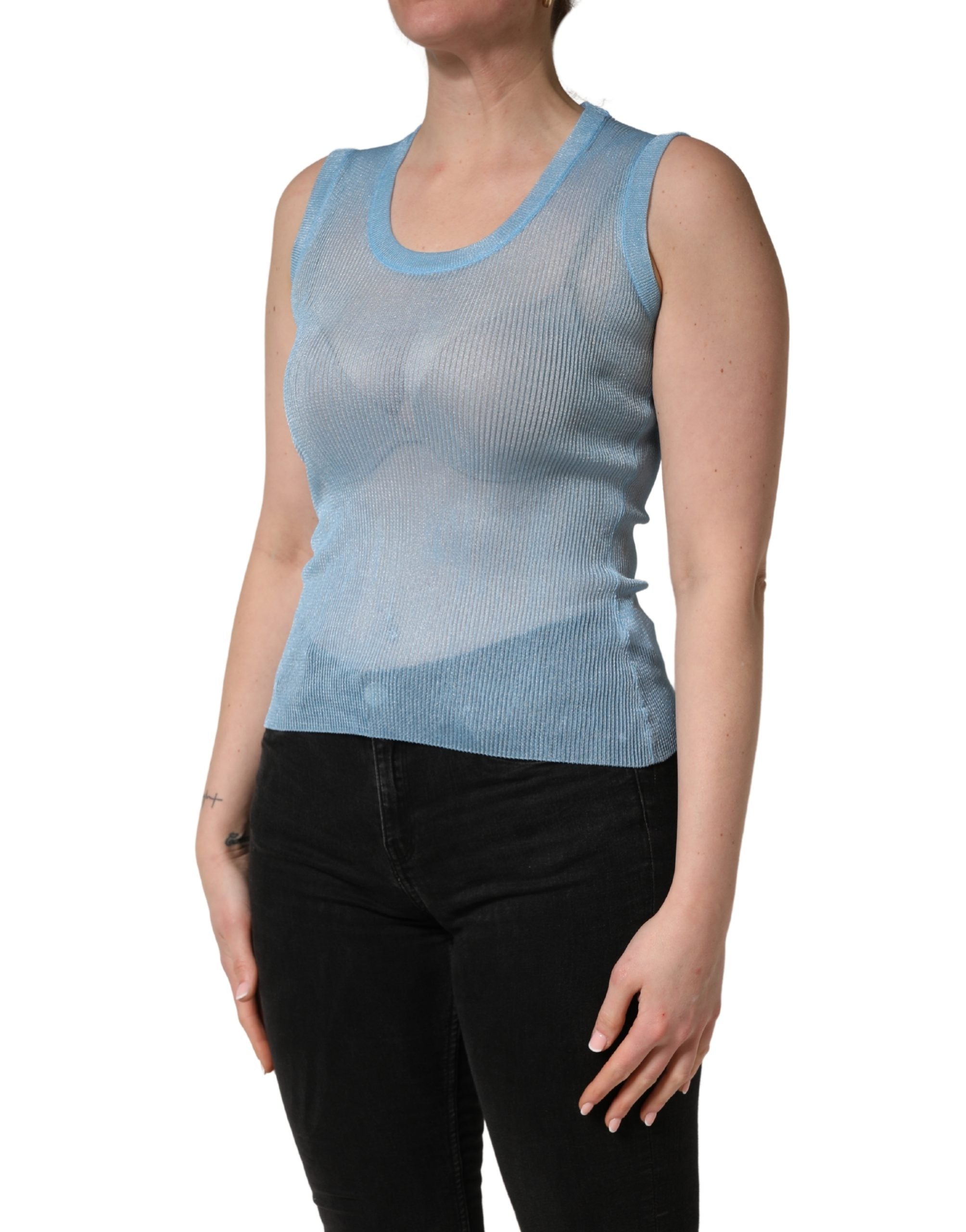 Blue Semi Sheer Ribbed Sleeveless Tank Top - ventzia