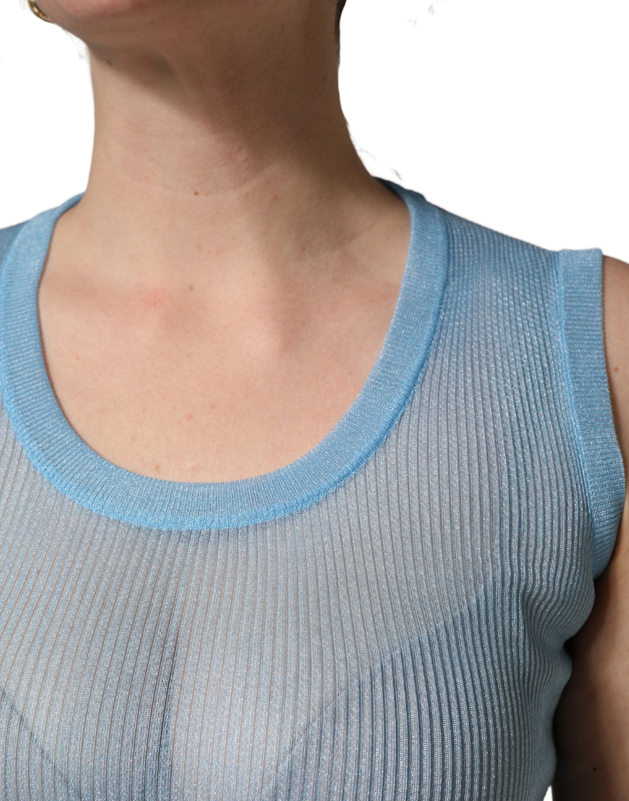 Blue Semi Sheer Ribbed Sleeveless Tank Top - ventzia