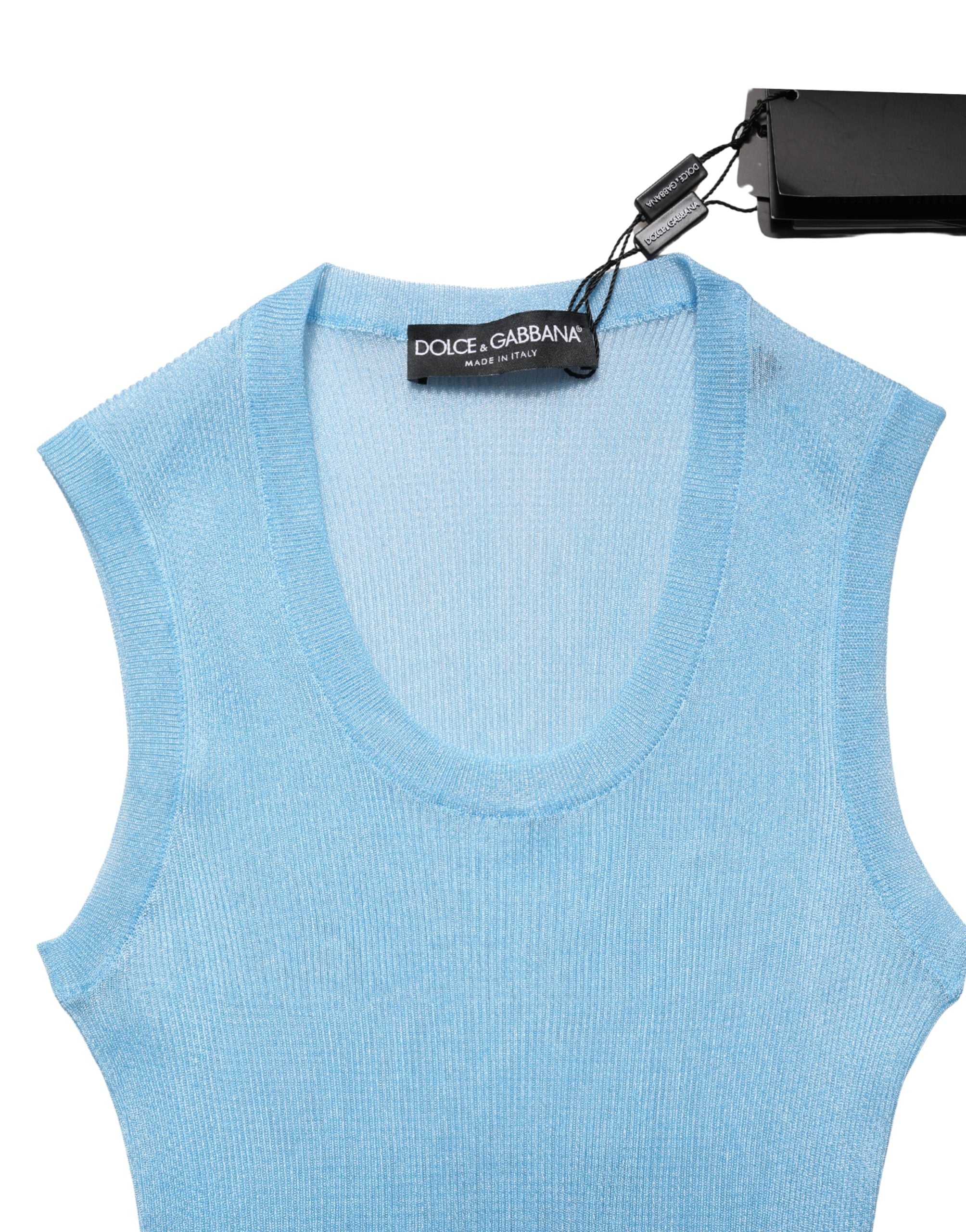 Blue Semi Sheer Ribbed Sleeveless Tank Top - ventzia